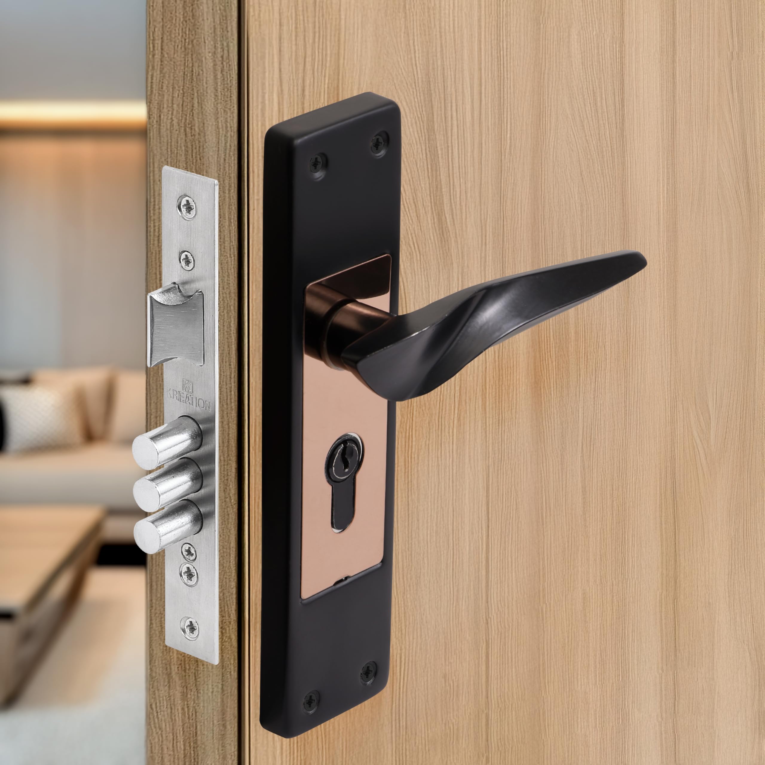 Modern Door Handle Set, Matte Black with Rose Gold Accent, Metal Construction, 17.7 cm Length, Mortise Lock System, Premium Door Hardware for Bedroom and Office