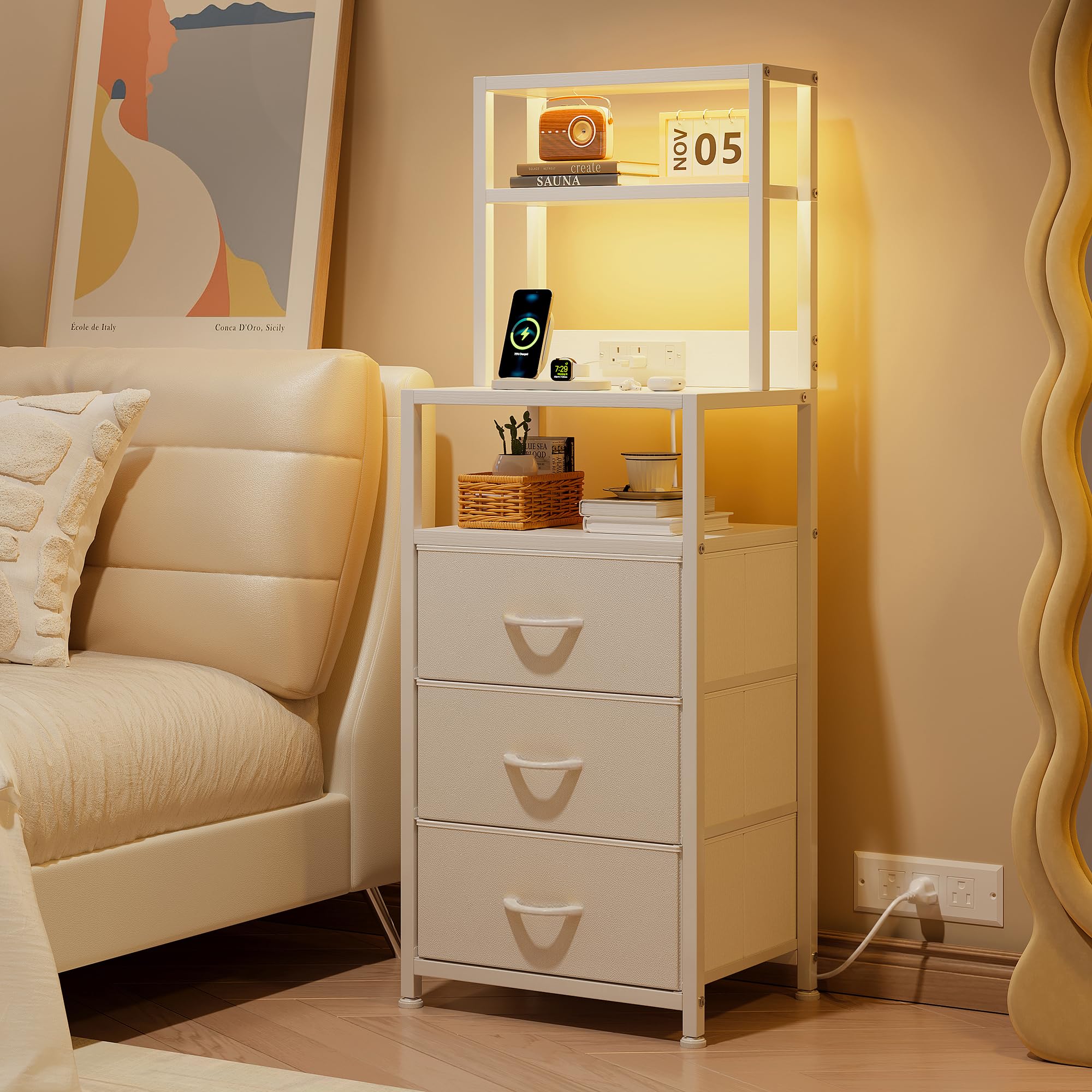 VERMESS Bedside Table with Charging Station and LED light, Tall Nightstand with 3 Fabric Drawers, Chest of Drawers for Bedroom, Living Room, Hallway (White)