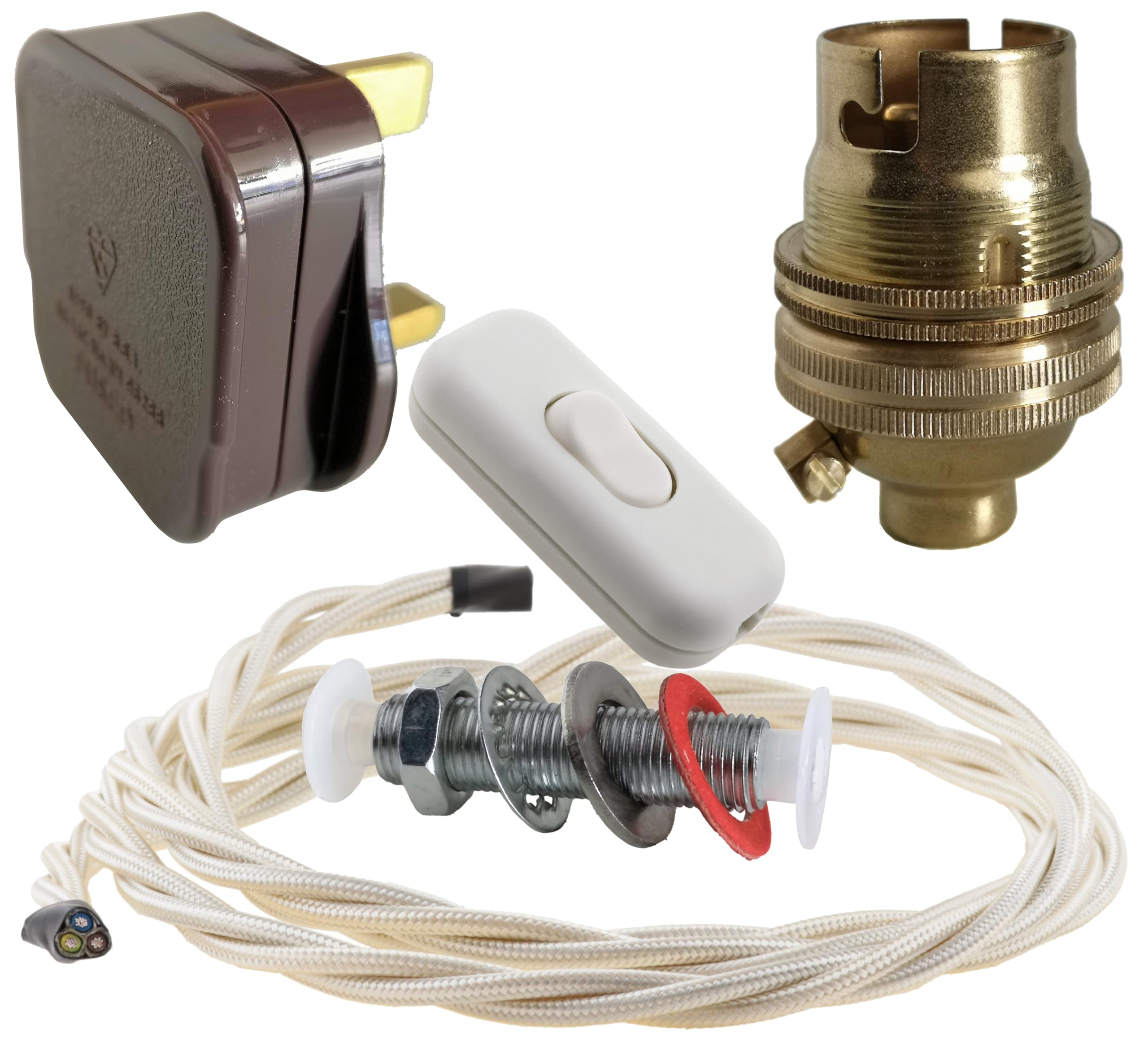 Art Deco Emporium Lamp Repair and Service Kit | Brown Plug | Ivory Flex | White Switch | B22 Brass Lamp Holder