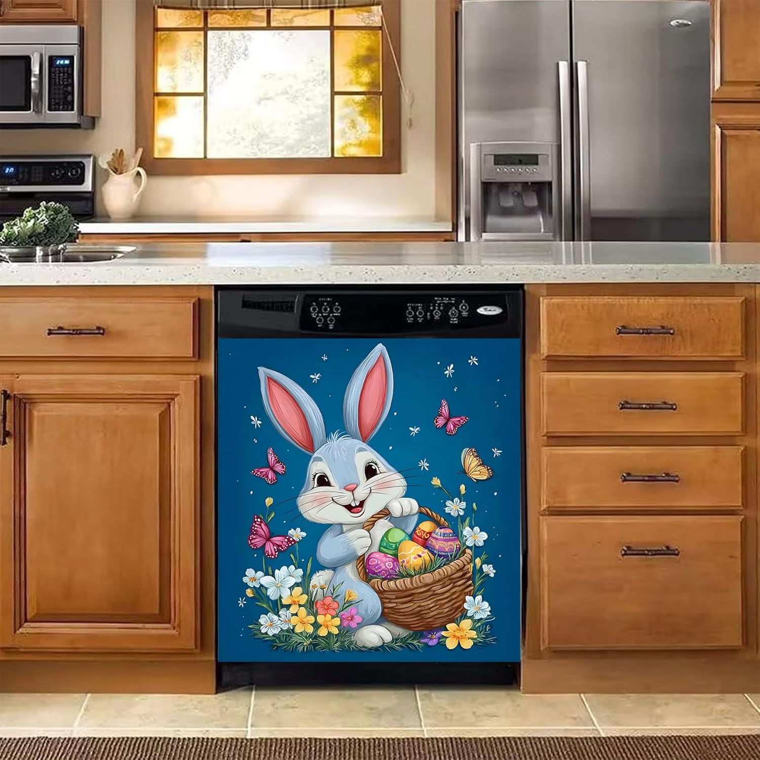 BVBOX Dishwasher Magnet Cover 23"x26" Reusable Magnetic Refrigerator Covers Dishwasher Magnets Decorative Cover Fridge Door Skin Panel Stickers (Rabbit Flower Basket, 23" W x 26" H)