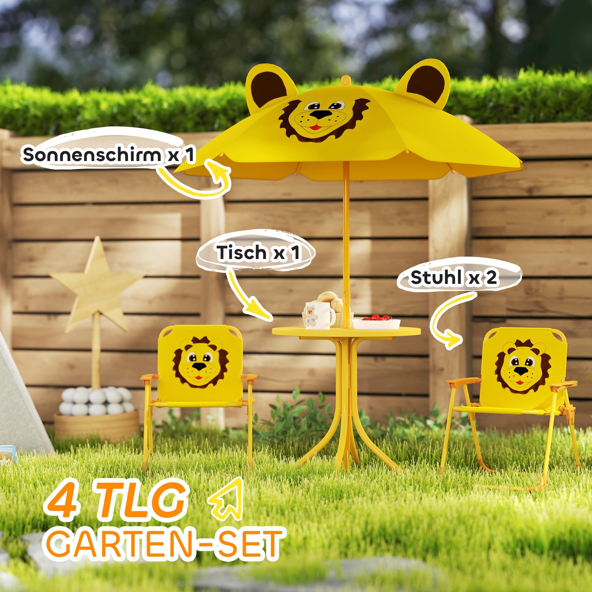 AIYAPLAY Kindersitzgruppe mit Sonnenschirm Höhenverstellbar Kindersitzgarnitur Kindertisch mit 2 Klappstühlen Sitzgarnitur Kinder Sitzgruppe Outdoor Gartenmöbel für Garten Strand, Gelb