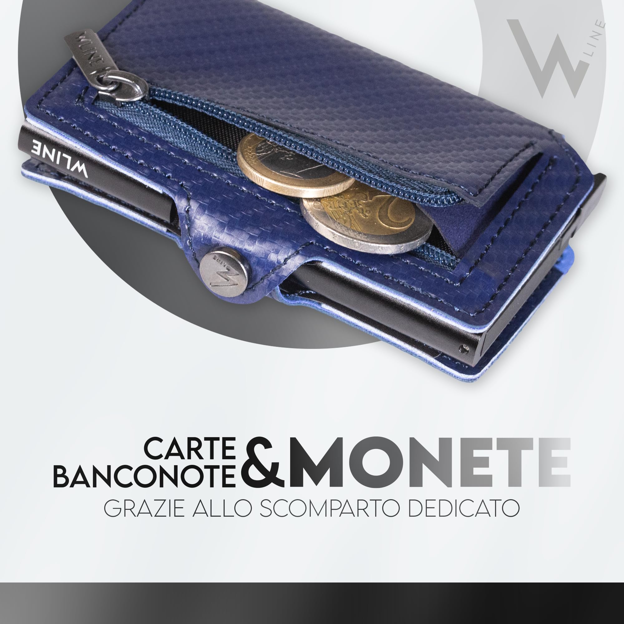 WLine Portafoglio Uomo Slim con Portamonete Rfid Compatto ed Elegante - Porta Carte di Credito Uomo e Donna Schermato in Fibra di Carbonio - Portatessere Uomo Tascabile (Blu Carbon con Zip)
