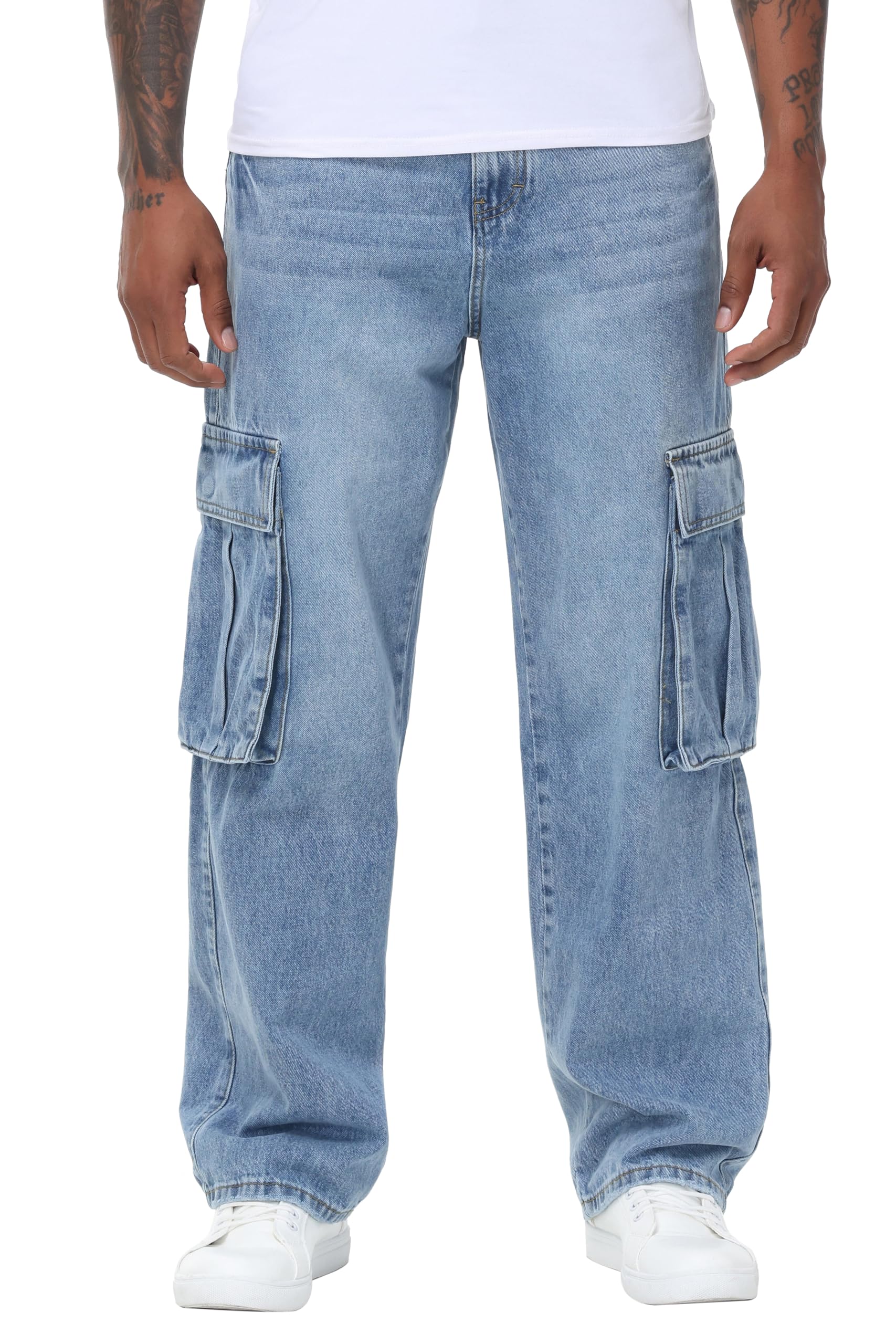 Mens Non-Stretch Loose Fit Wide-Leg Baggy Cargo Jeans Pants