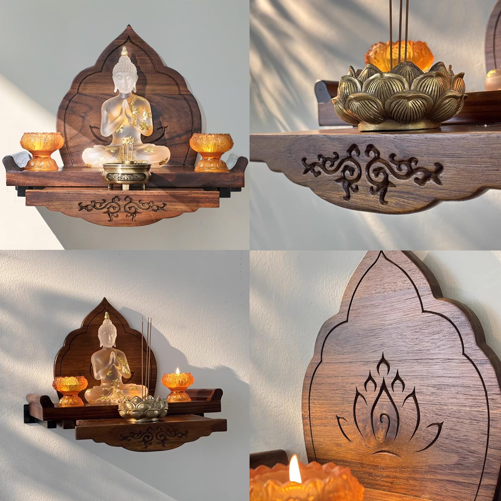 Tavolo da altare Buddha, mensola da parete con schienale, tavoli Puja con cassetto, stile moderno, per camera da letto, soggiorno, ufficio