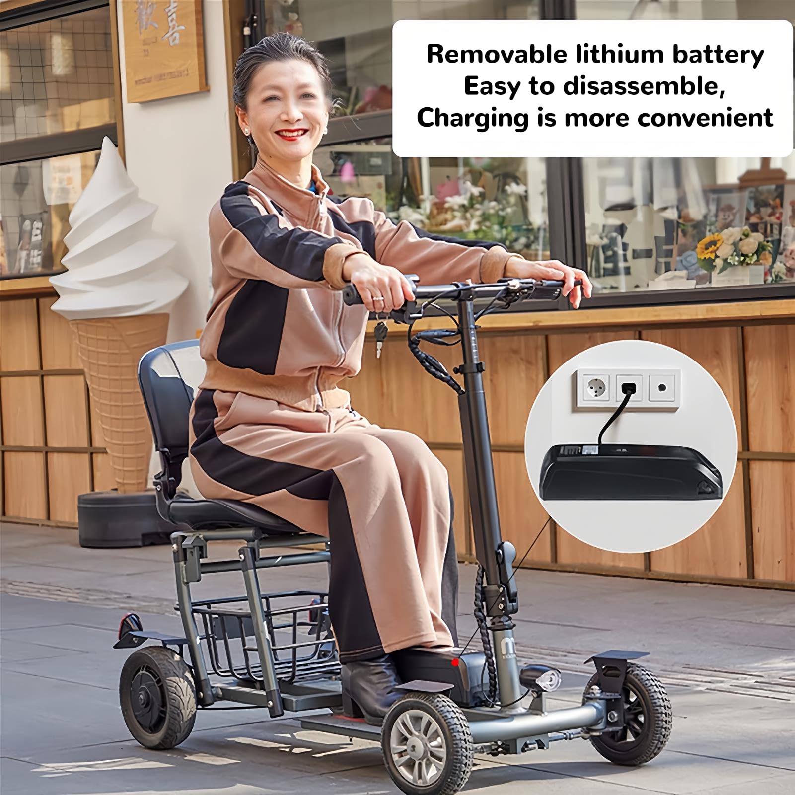Scooter per Anziani, Scooter Elettrico Pieghevole, Scooter per Disabili A 4 Ruote, Telaio in Lega di Alluminio, con Sedile E Cestino, Carico Massimo 120 Kg/265 Libbre
