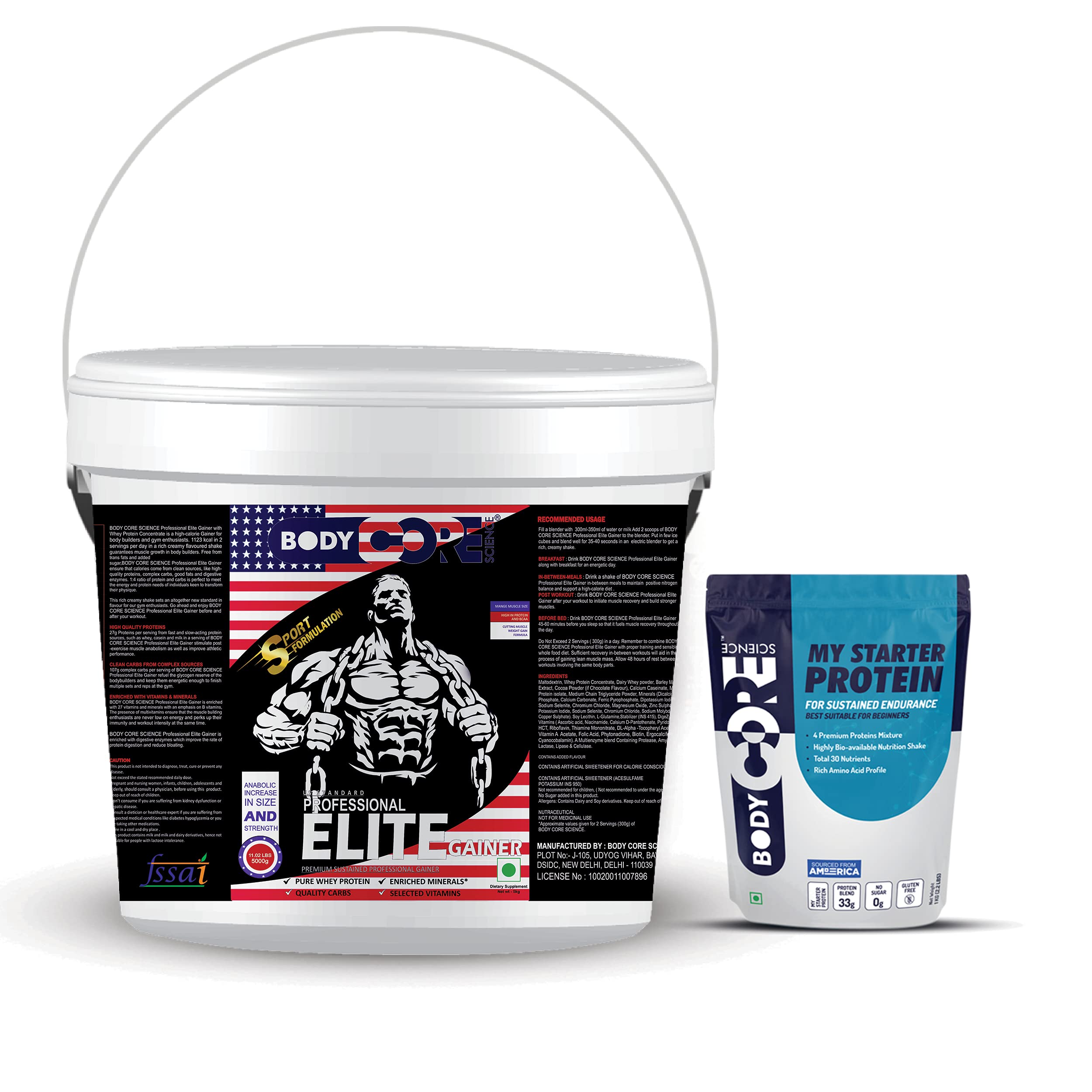 Body Core Science Professional Elite Gainer-5Kg, Pack of 1, 27g Protein, 561.90kcal Calories,107.11g Carbs,1.95g Dietary Fiber,Added Sugar 0.90g,Addes Vitamins,150g Serving Size, Strawberry Flavour+My Starter Protein