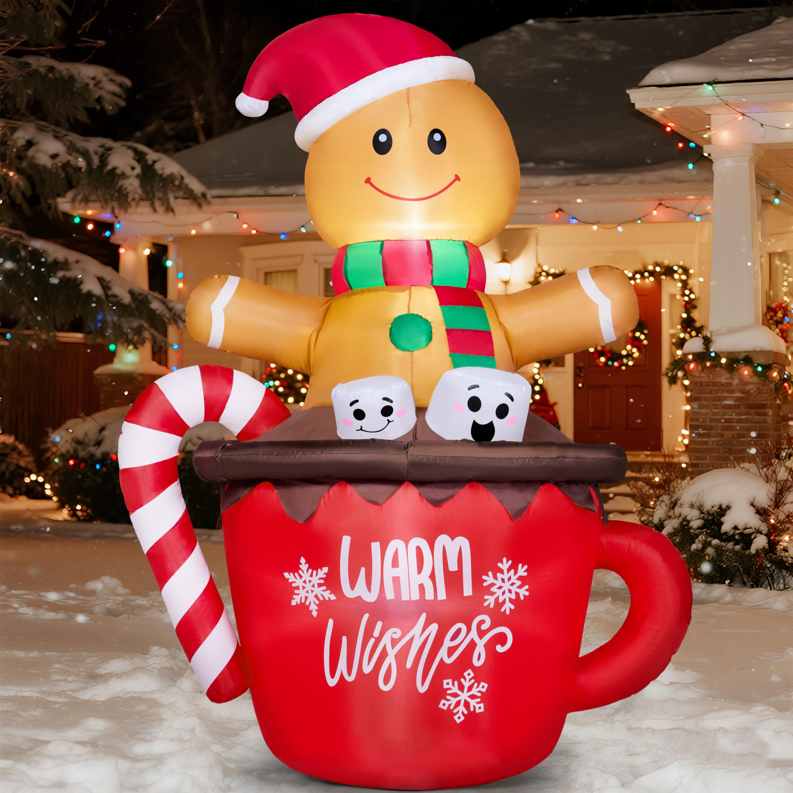 JOIEDOMI Omino di Pan di Zenzero Gonfiabile di Natale Alto 1,8 m, Omino di Pan di Zenzero Gonfiabile in Tazza di Cioccolata Calda con Luci a LED Incorporate, Decorazione Gonfiabile all'Aperto