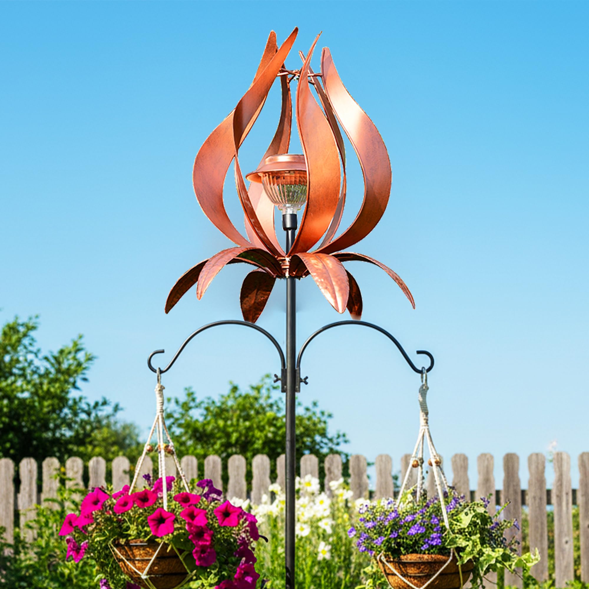 Metal Wind Spinner Outdoor Terrace Windmill LED Solar Landscape Light Outdoor Garden Decoration for Lawn Garden Park Decoration Double Coconut Flower Basket Metal Pile 83 Inch Red…-image-34