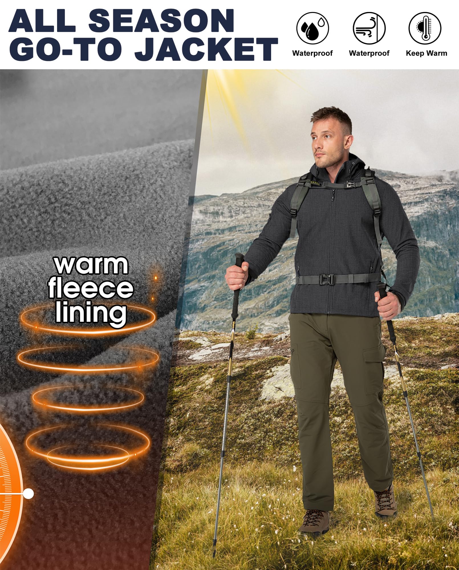 33,000ft Chaqueta para hombre, impermeable, transpirable, Softshell, chaqueta de entretiempo, cortavientos, chaqueta de senderismo con capucha