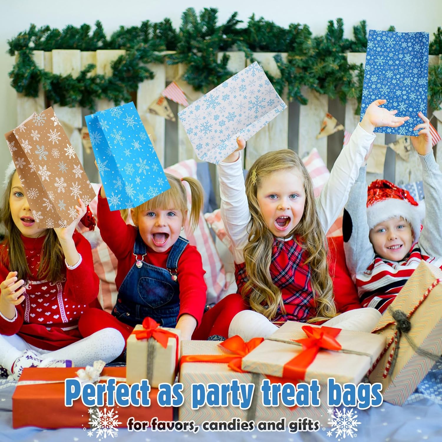 Yeaqee 120 Pcs Christmas Winter Paper Bags Snowflake Goodie Gift Bags for Candy Lunch Treat, 5 x 8.7 x 3.2 Inches, Holiday Xmas Birthday Party Supplies, 4 Styles