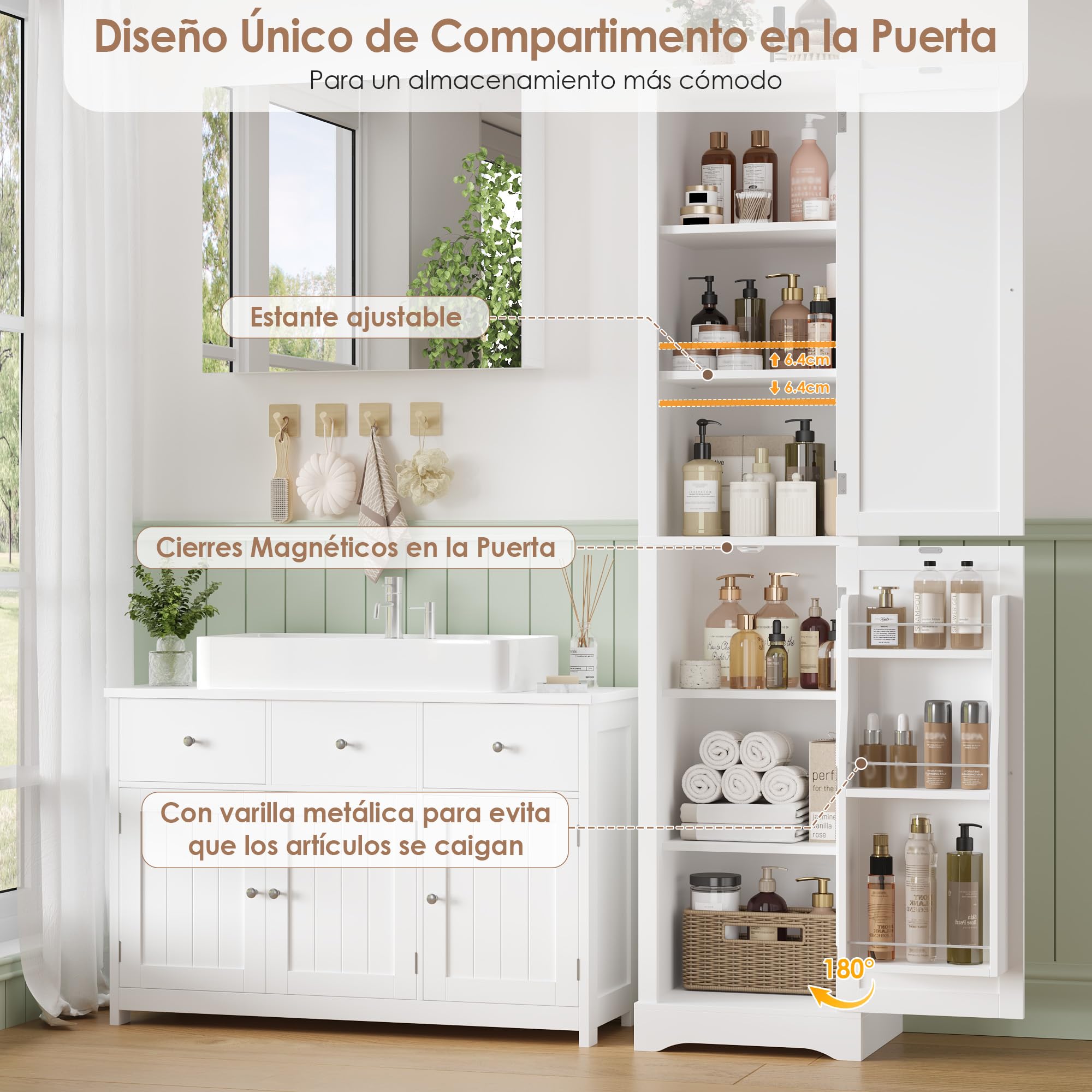 FOREHILL 180cm Mueble Baño, Armario Baño, Armario baño Columna, Alto y Estrecho, con 2 Puertas, Estantes Ajustables, Blanco, 40x30x180cm