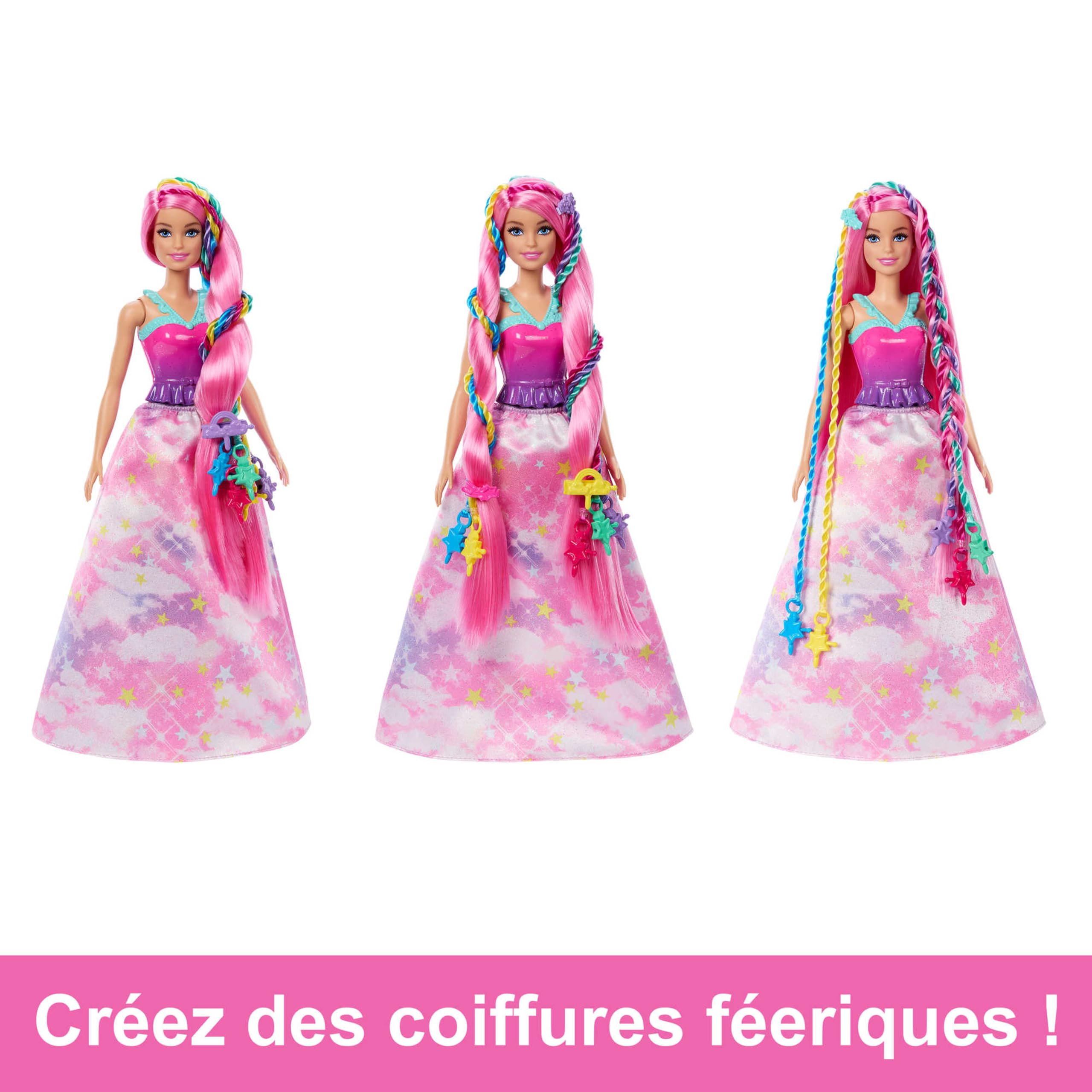 Barbie® Dreamtopia Princesse Tresses Magiques Coffret avec poupée Barbie, appareil à tresses, extensions de cheveux arc-en-ciel et accessoires, JCW55