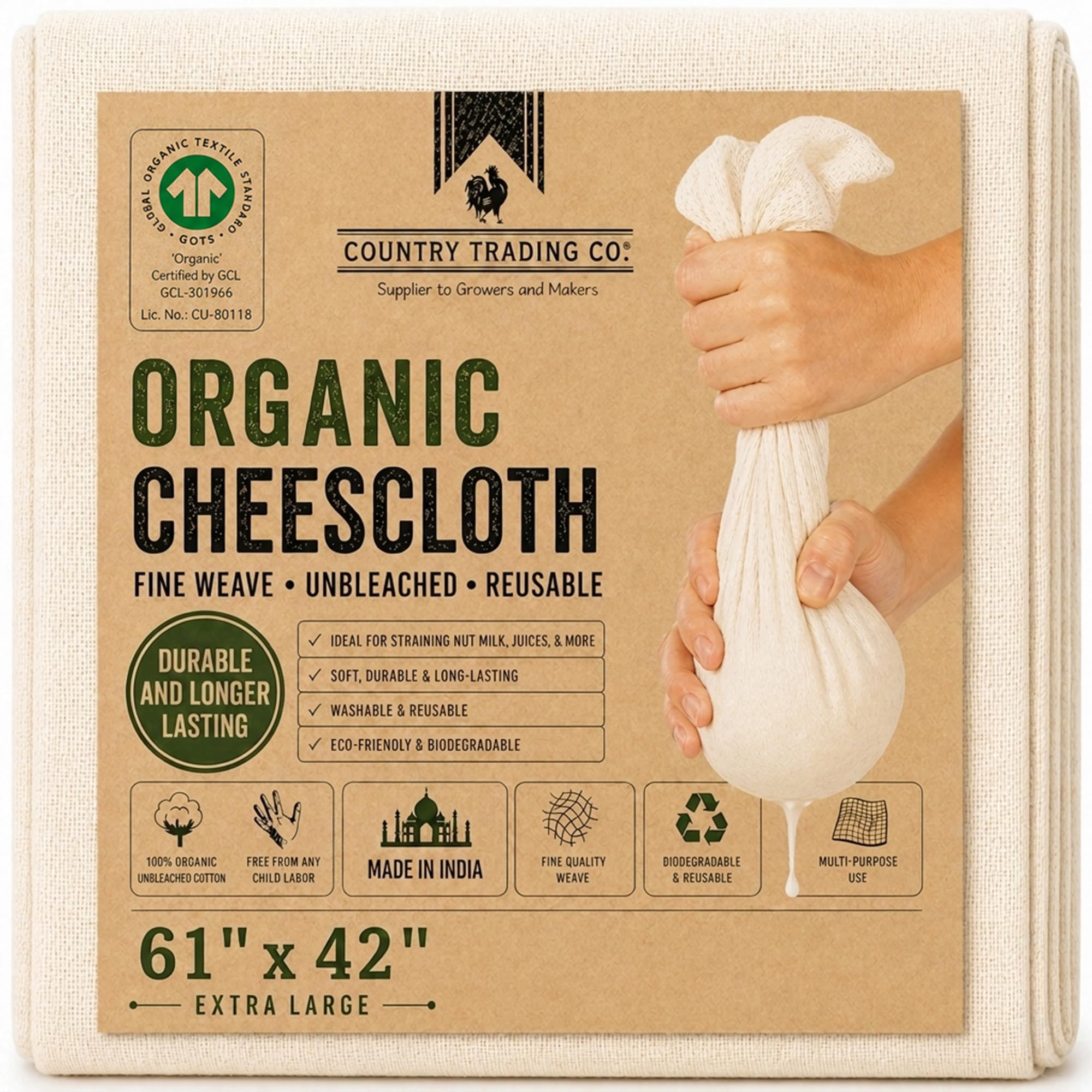 Organic Unbleached Cotton Cheesecloth – GOTS Certified Muslin Cloth for Straining &amp; Cooking, Reusable Kitchen Filter, Large 18 sq ft