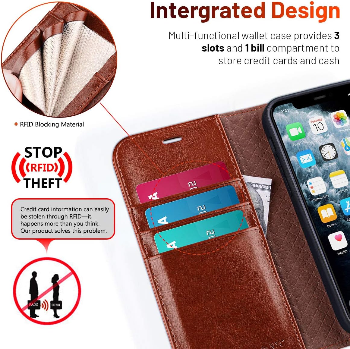 OCASE Compatible with iPhone 12 Case/Compatible with iPhone 12 Pro Wallet Case, PU Leather Flip Case with Card Holders RFID Blocking Kickstand Phone Cover 6.1 Inch (Brown)