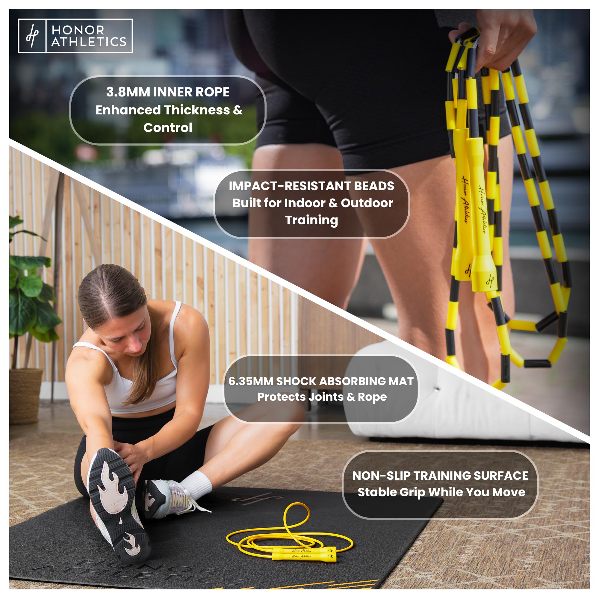 Honor Athletics Springseilmatte & Beaded Springseil 2.0 Bundle | 6,35 mm Gummimatte + 3,8 mm verstellbares Glieder-Springseil | Boxen & Freestyle
