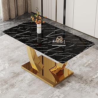 aux Marble Dining Table, Black Dining Room Table for 4-6, Gold Kitchen Table for Dining Room,0.4 Thickened Tempered Glass Top with Golden Rectangular Base