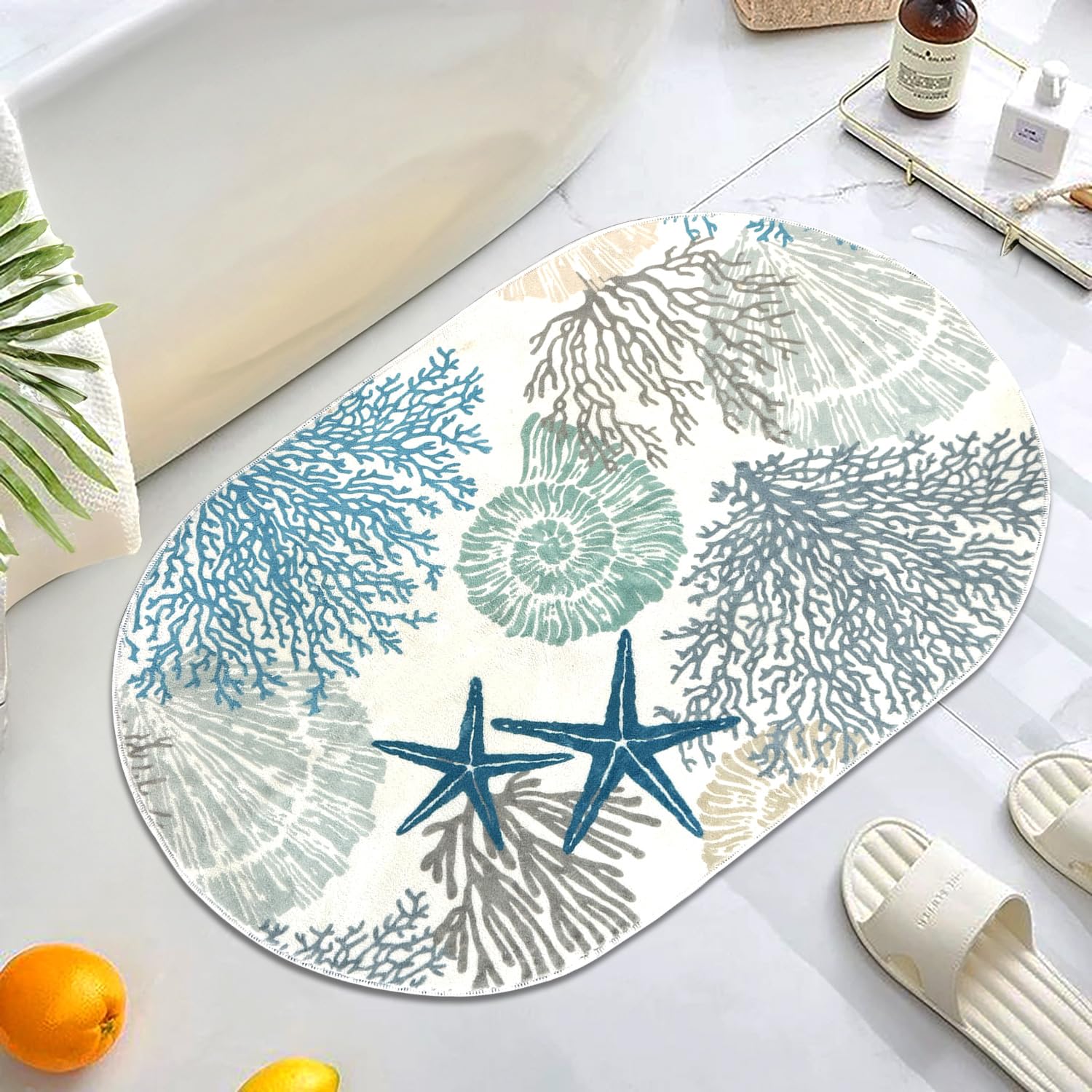 Coastal Starfish Bath Rug, Seashell Bath Rug, 21x31 inch, Summer Coral Bath Mat, Non-Slip Backing, Soft Absorbent Vintage Blue Oval Mat Floor Rug for