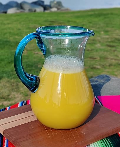 Miniatura 6 de Jarra mexicana de vidrio soplado a mano, borde y mango Aqua (84 oz)