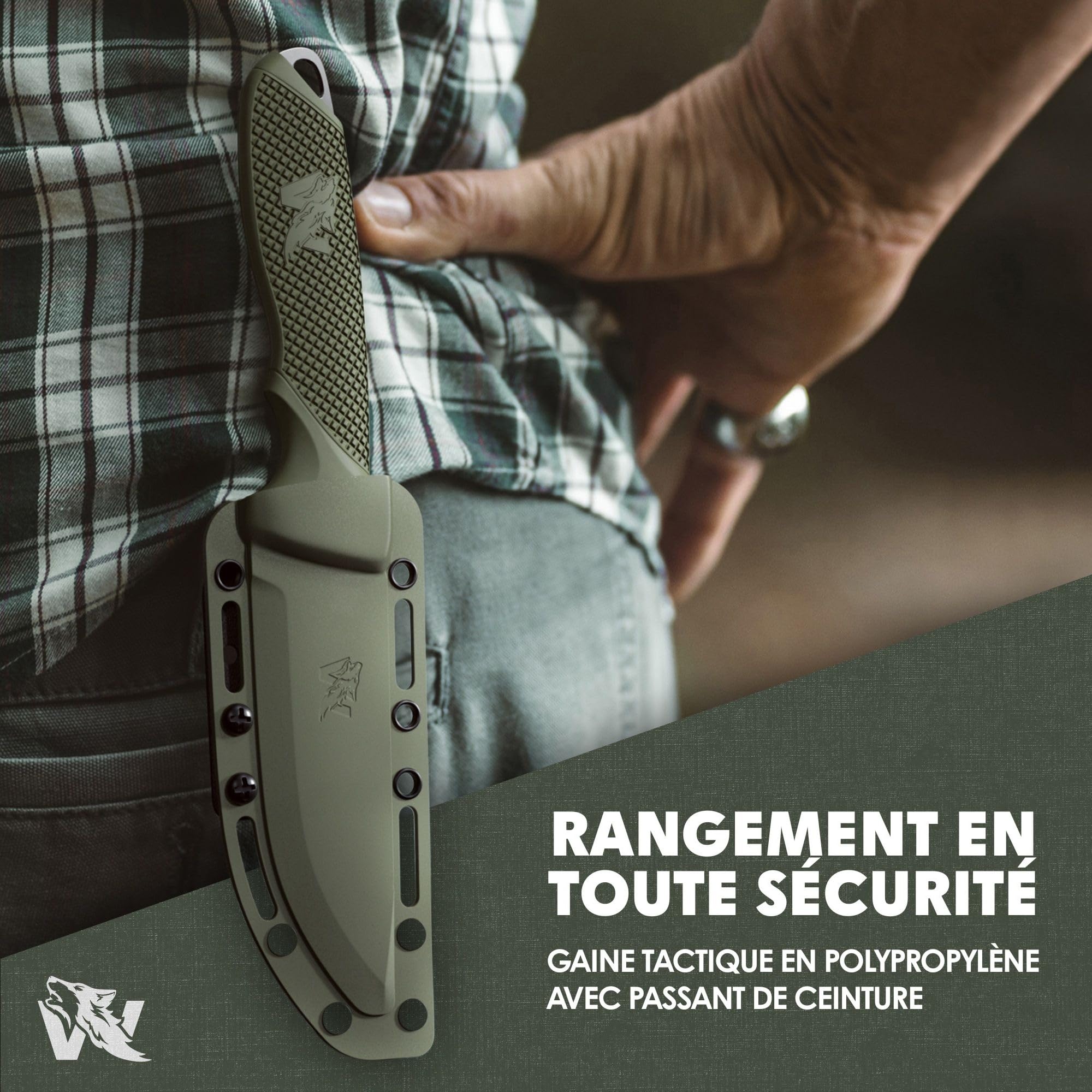 Wolfgangs W-SCANDI Couteau de pêche à lame fixe – Couteau bushcraft D2 en acier monobloc – Couteau de survie outdoor avec étui – Idéal nature, bivouac, forêt