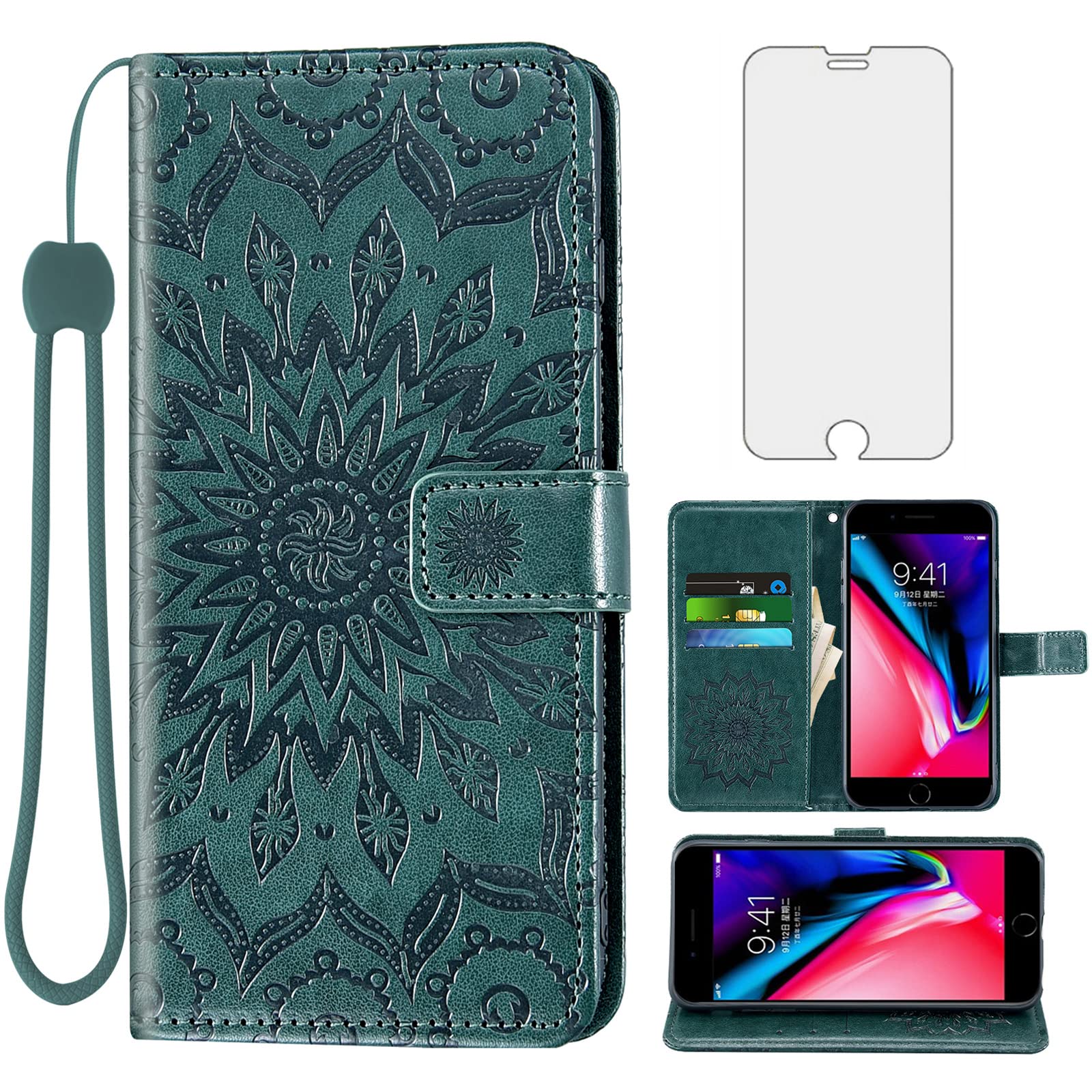 Phone Case for iPhone 7plus 8plus 7/8 Plus Wallet Cases with Tempered Glass Screen Protector Leather Flip Cover Card Holder Stand Cell Accessories i Phone7s 7s + 7+ 8s 8+ Phones8 Women Men Dark Green