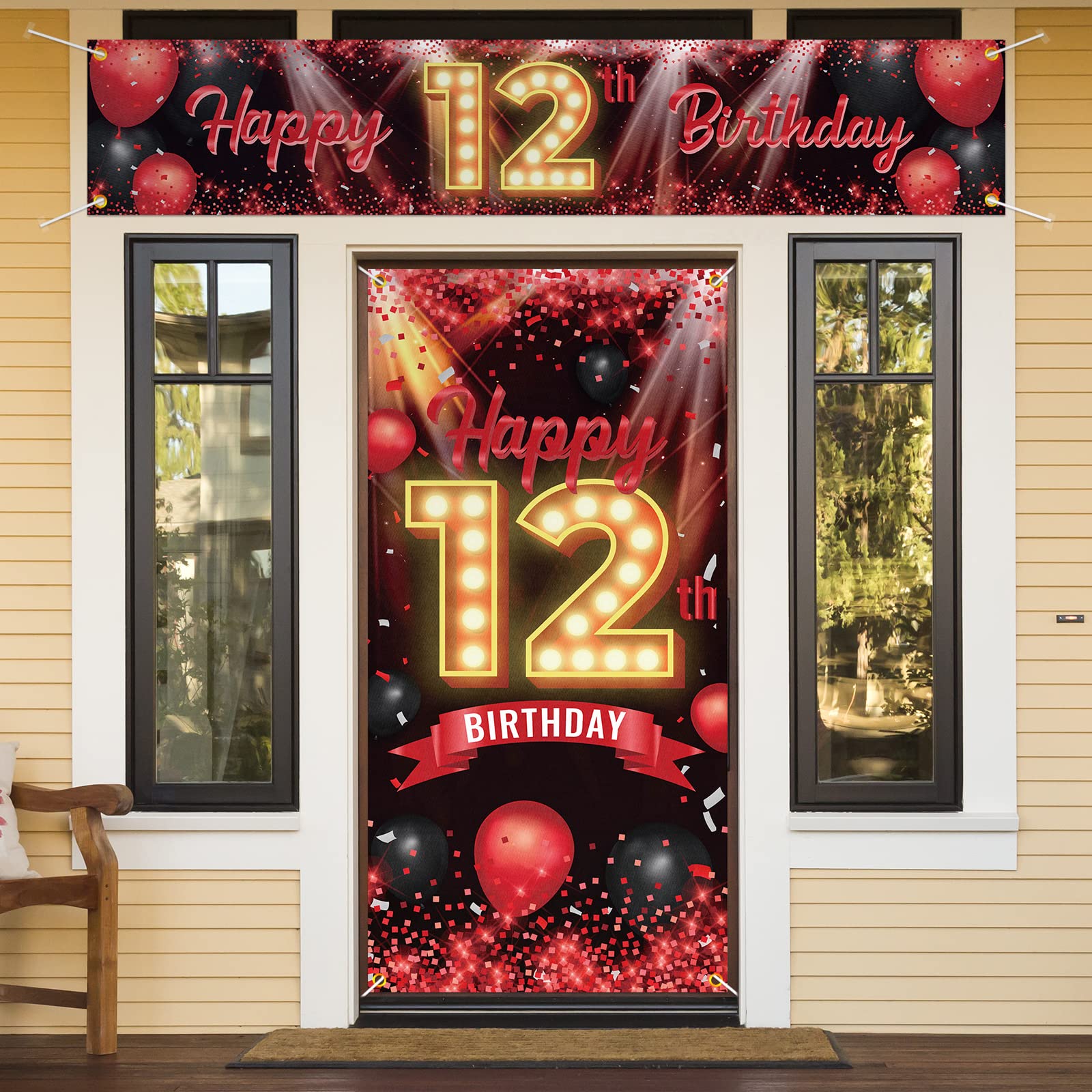 Happy 12th Birthday Door Cover Porch Banner Sign Set - 12 Years Old Birthday Decoraions Party Supplies for Women Men - Red