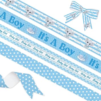 YKW 4 Pack Baby Boy Ribbon, 1 Inch x 5 Yards Each, Blue Elephant Decorative Grosgrain Ribbon with Stars Moon for Baby Shower, Gender Reveal Party, Nursery Decor, Gift Wrapping & DIY Crafts