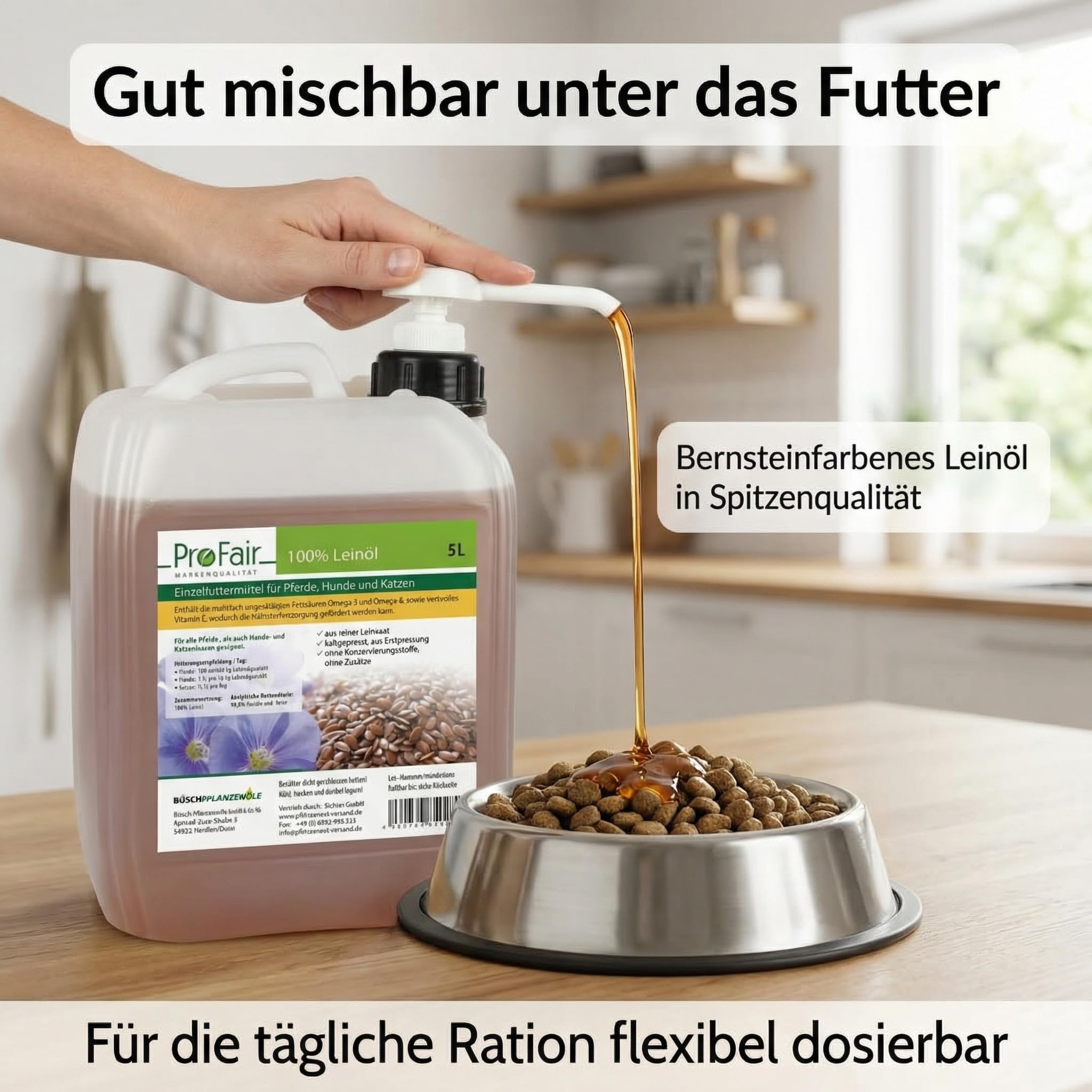 ProFair Leinöl für Pferde, Hunde & Katzen, kaltgepresst unter 40 °C, Erstpressung, 100% reine Leinsaat, Einzelfuttermittel, 5 L Vorratskanister inkl. Kanisterpumpe (ca. 30 ml/Hub)