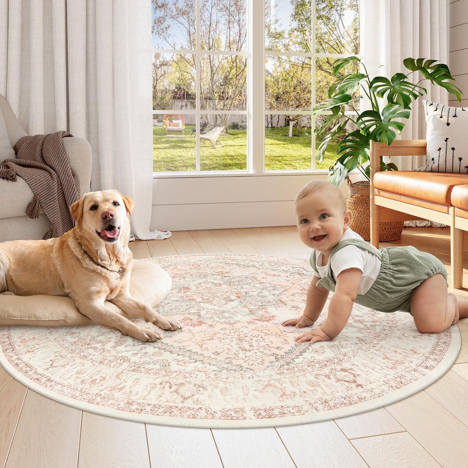 LIVEBOX Washable Peachy Pink Rug 5ft - Medallion Vintage Circle Rugs for Bedroom, Low-Pile Tribal Print Carpet for Nursery, Non-Slid Distress Floral Circular Rug for Living Room Kid's Room Entryway