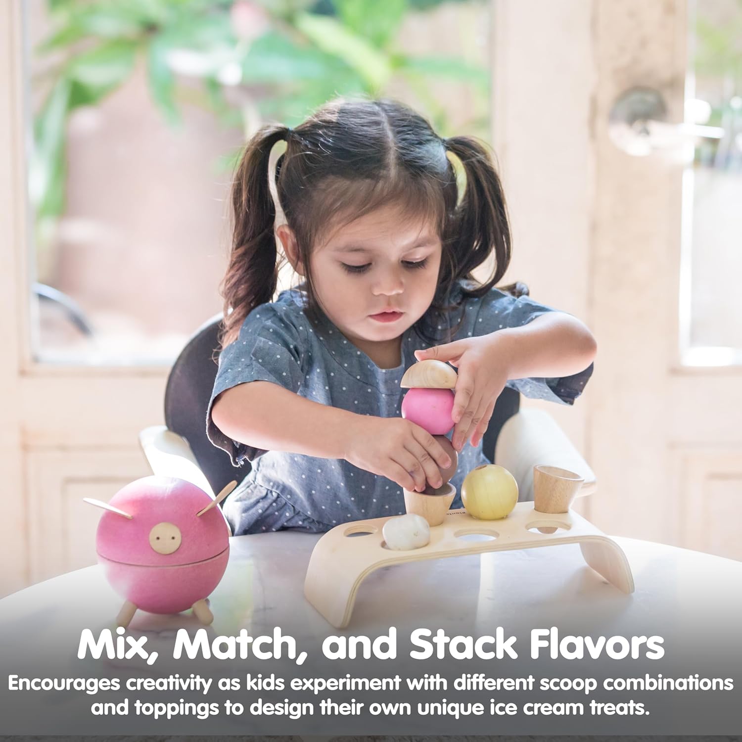 PlanToys® Wooden Ice Cream Playset for Kids | Includes Stand, Scoops & Cones | Pretend Dessert Play Food for Toddlers | Eco-Friendly Role Play Set for Imaginative & Fine Motor Skills Development