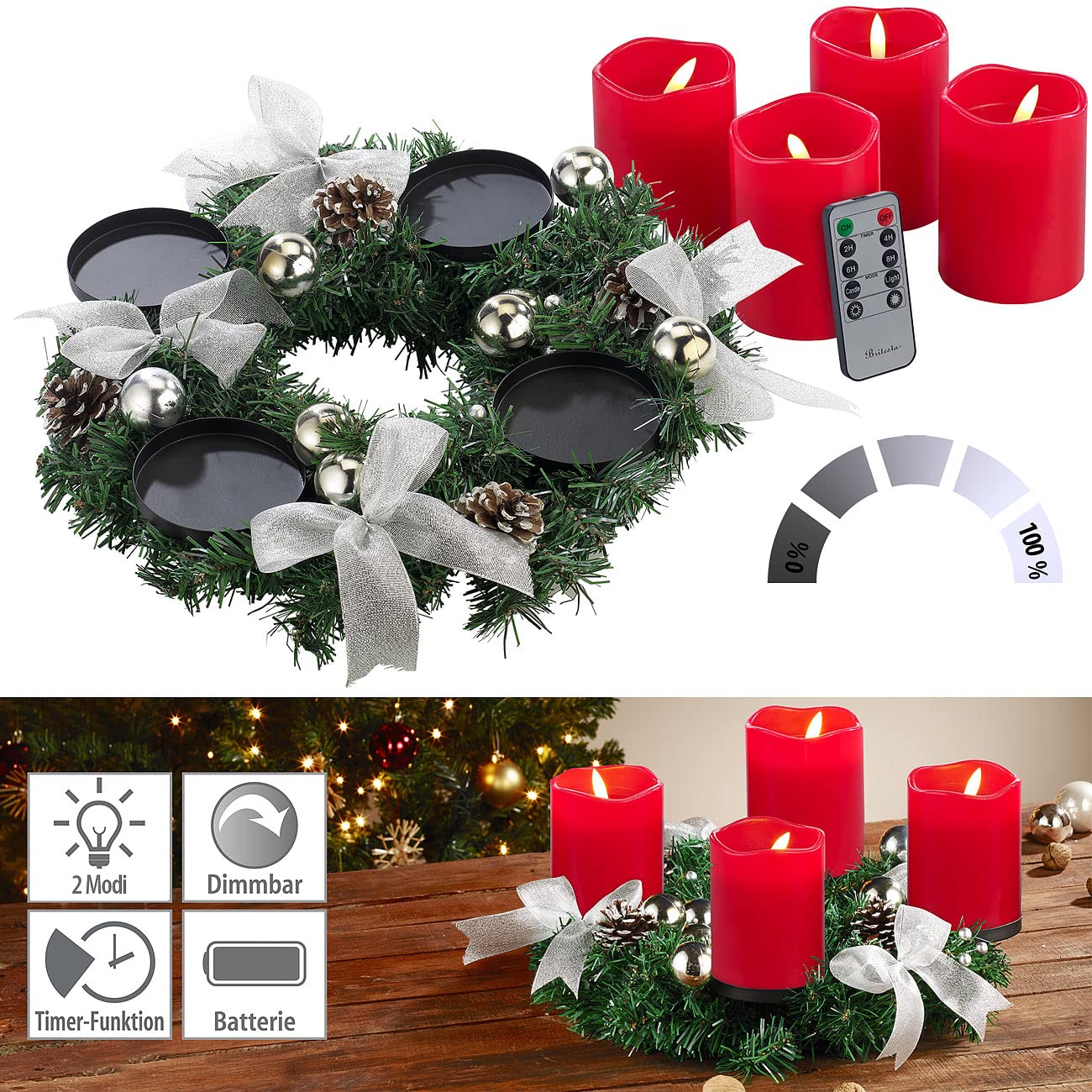 Advent Kranz: Adventskranz mit silberfarbenem Schmuck, inkl. LED-Kerzen in rot (Adventskranz Weihnachtszeit, Adventskranzgestecke, Kerze)