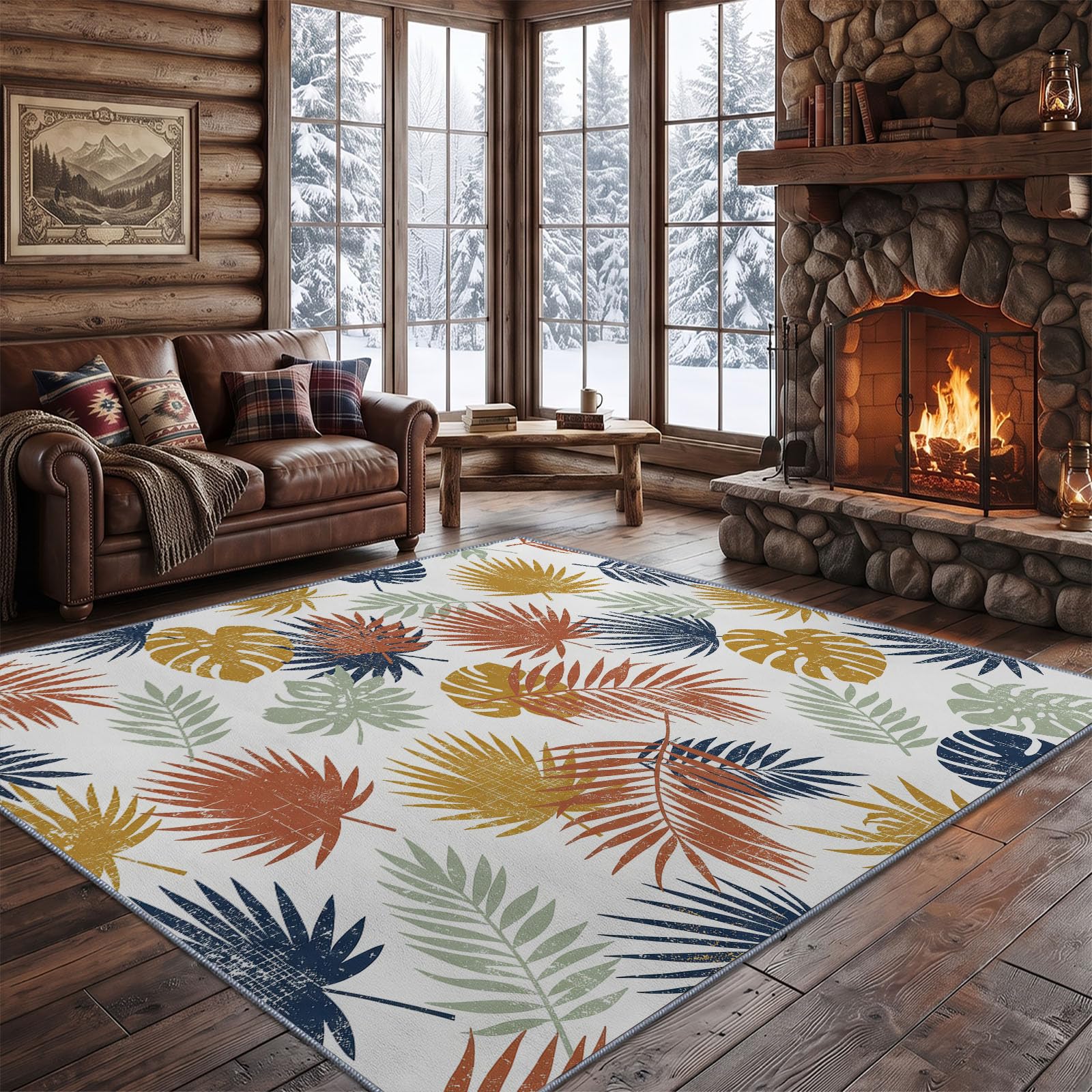Tapis Salon Tropical, Moquette Lavable en Machine, 160 x 230 cm | Feuille De Plante Feuille De Palmier Grande Feuille Tapis avec Dessous Antidérapant, Tapise Décoratif pour Chambre, Cuisine, Blanc