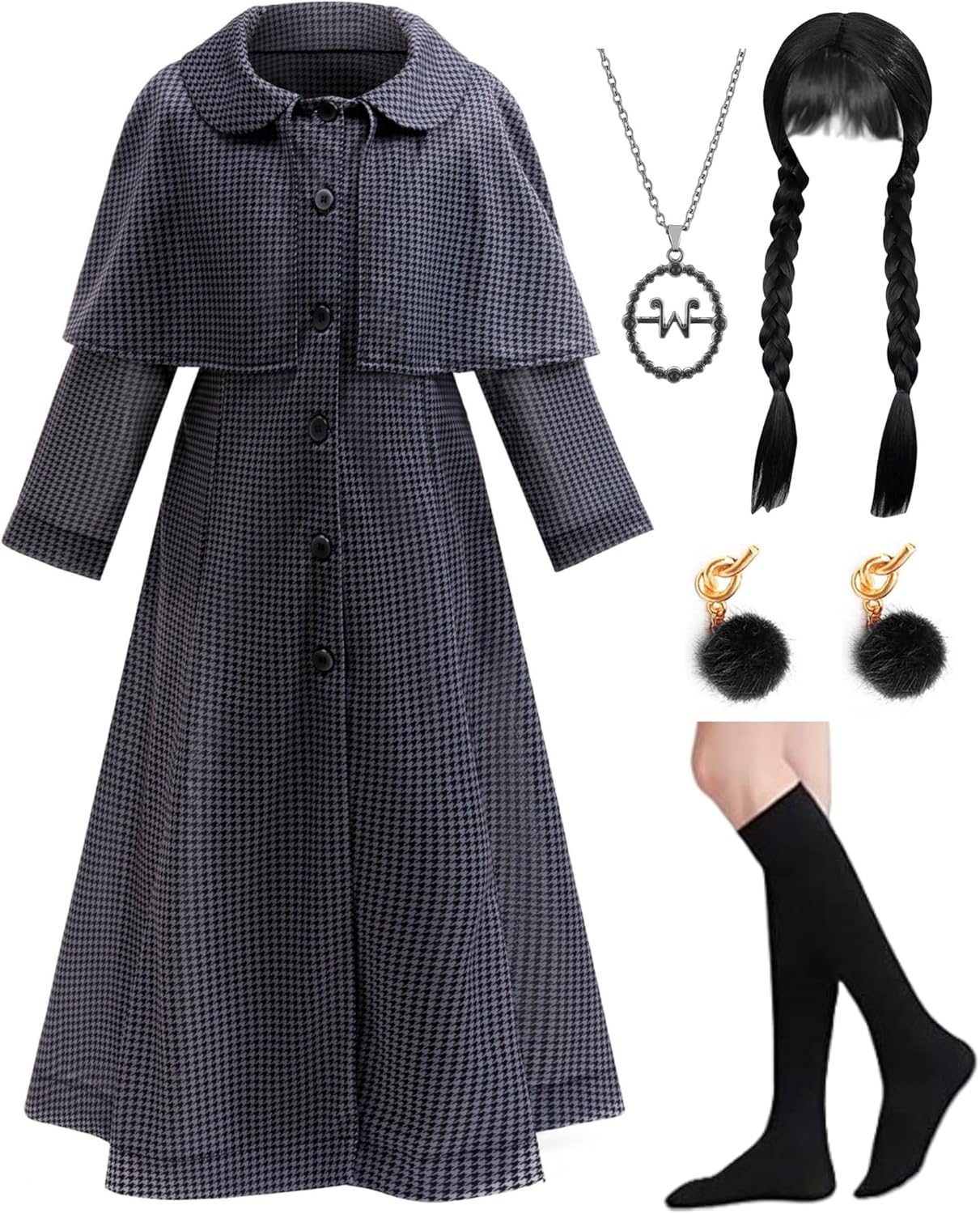 Xefenki Black Plaid Long Dress Costumes for Girls Gothic College Style Includes Wig Socks Necklace Earrings