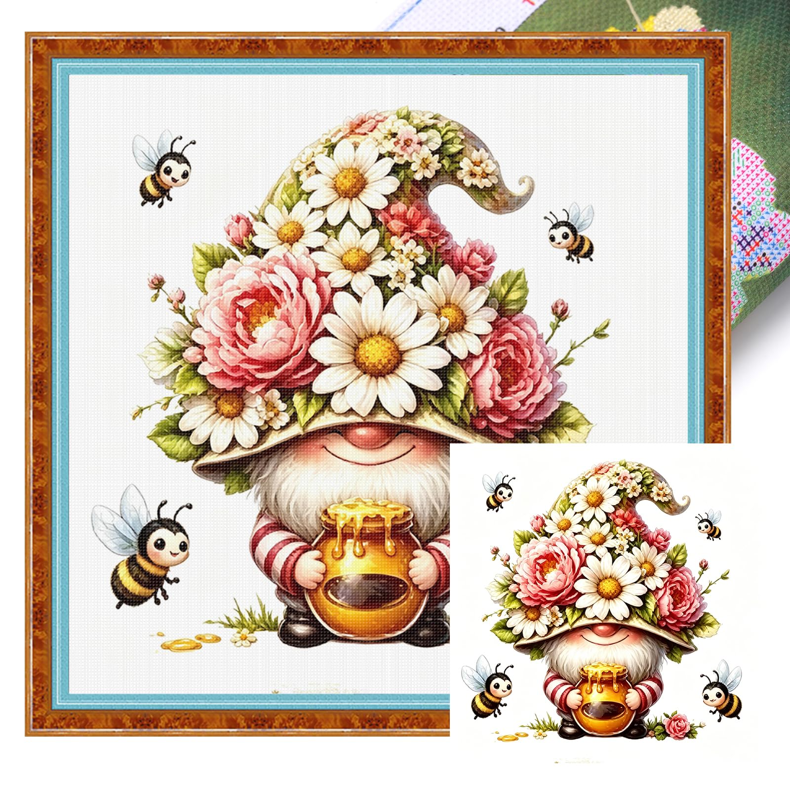 POETRYDRAW Flower Gnome Full 14CT DIY Stamped Cross Stitch Kits 11.81x11.81inch Needlework Embroidery Kit for Beginners Adults Home Decor (14CTABB-2866 C 30X30)