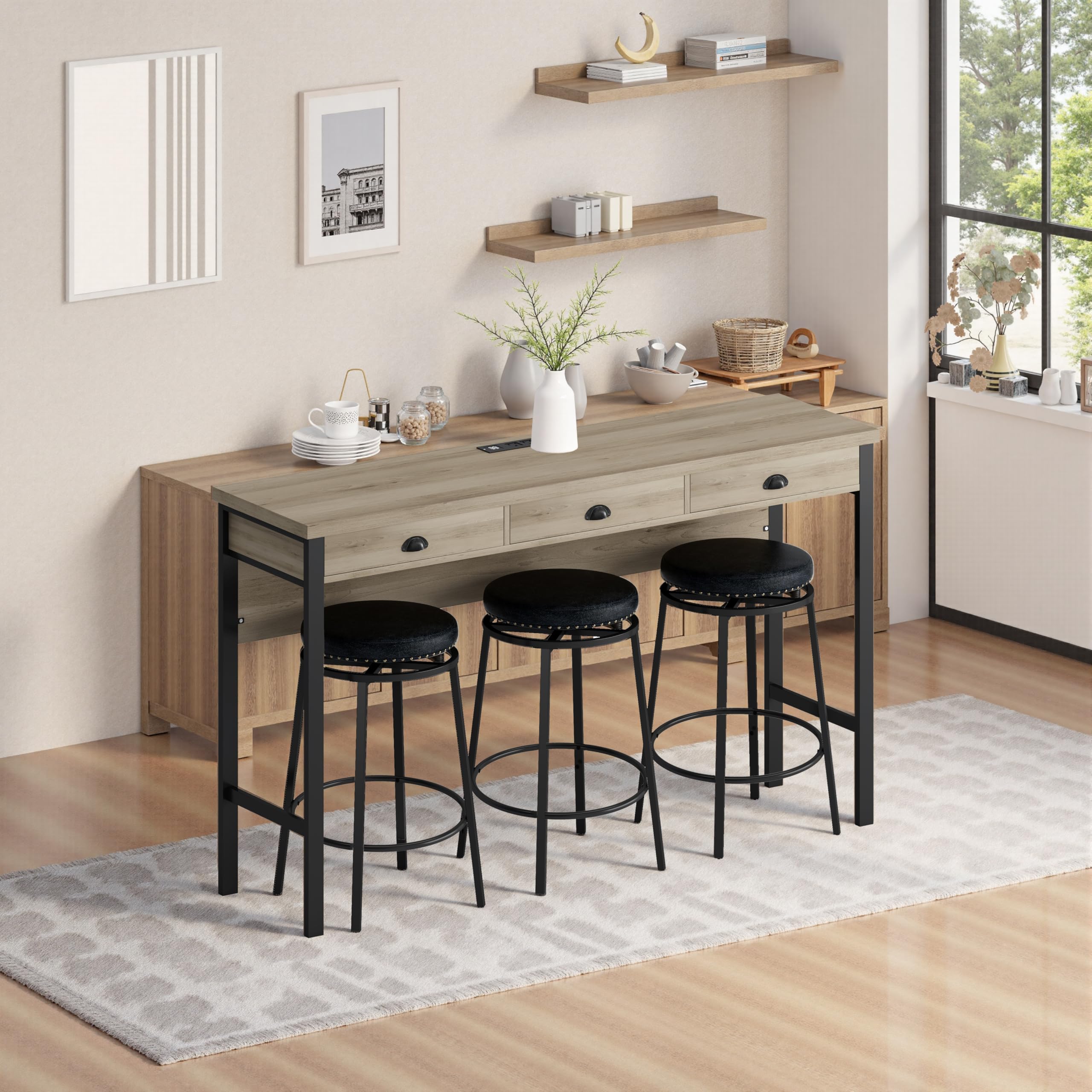 NTYUNRR Bar Table and Chairs Set, 60.24” Long Pub Tables with 3 Stools, High Top Table Kitchen Dining Desk, 4-Piece Breakfast Desk Set for Living Room