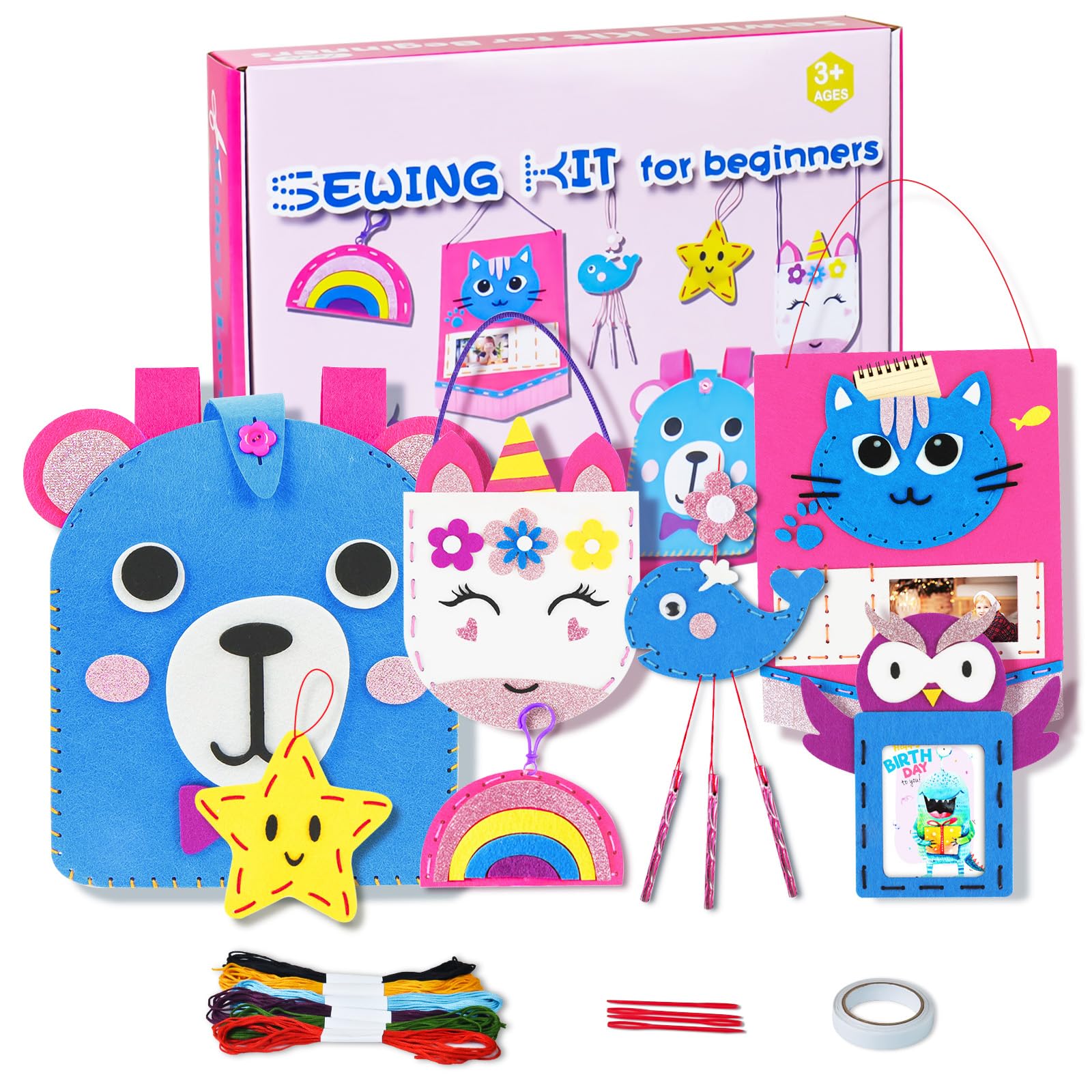Vicloon Sewing Kit for Kids, 7-Piece Cute Childrens Sewing Kits, Fun Sewing DIY Kits, Introduction to Sewing Kit for Kids Age 5-12 Learn to Sew Arts and Crafts