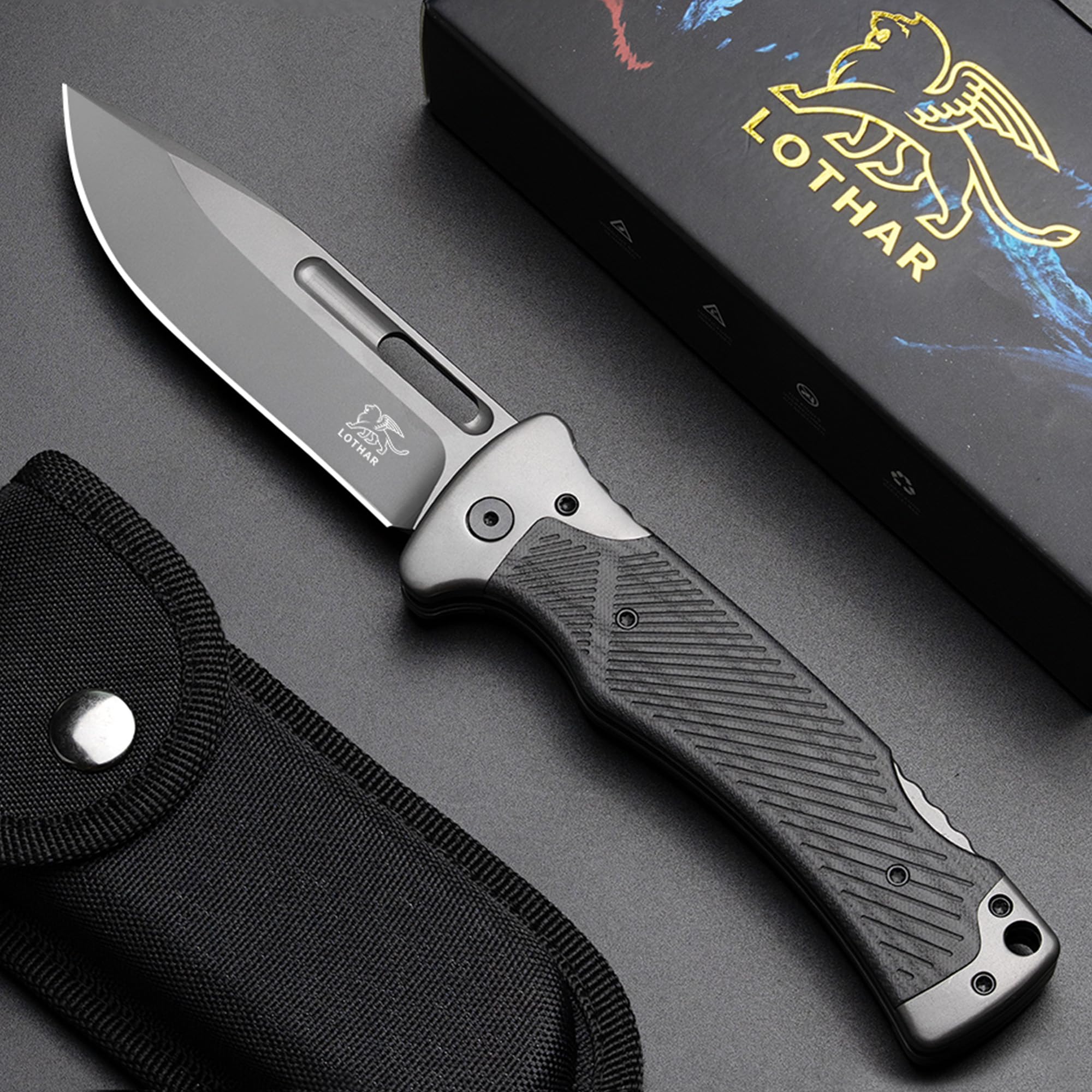 LOTHAR RHINO Couteau à Deux Mains, 10.5cm Grand Couteau Pliant Avec Acier D2, Manche G10 Couteau Outdoor Survival Avec Clip Pour Camping, Back Lock, Bushcraft, Robuste & Durable