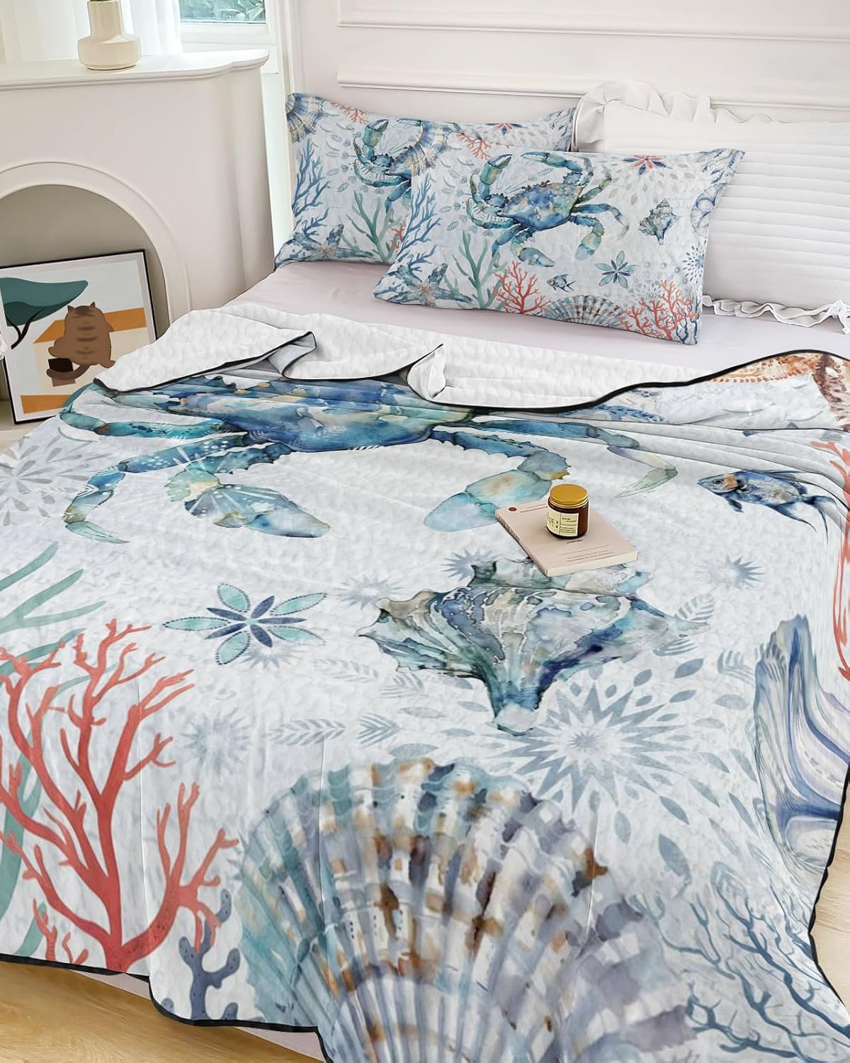 King Size Quilt Set, Summer Sea Crab Coral Lightweight Bedspread Coverlet Set Soft Microfiber Summer Quilt with 2 Pillow Shams, Marine Life on Blue Background 3 Piece Comforter Bedding Set