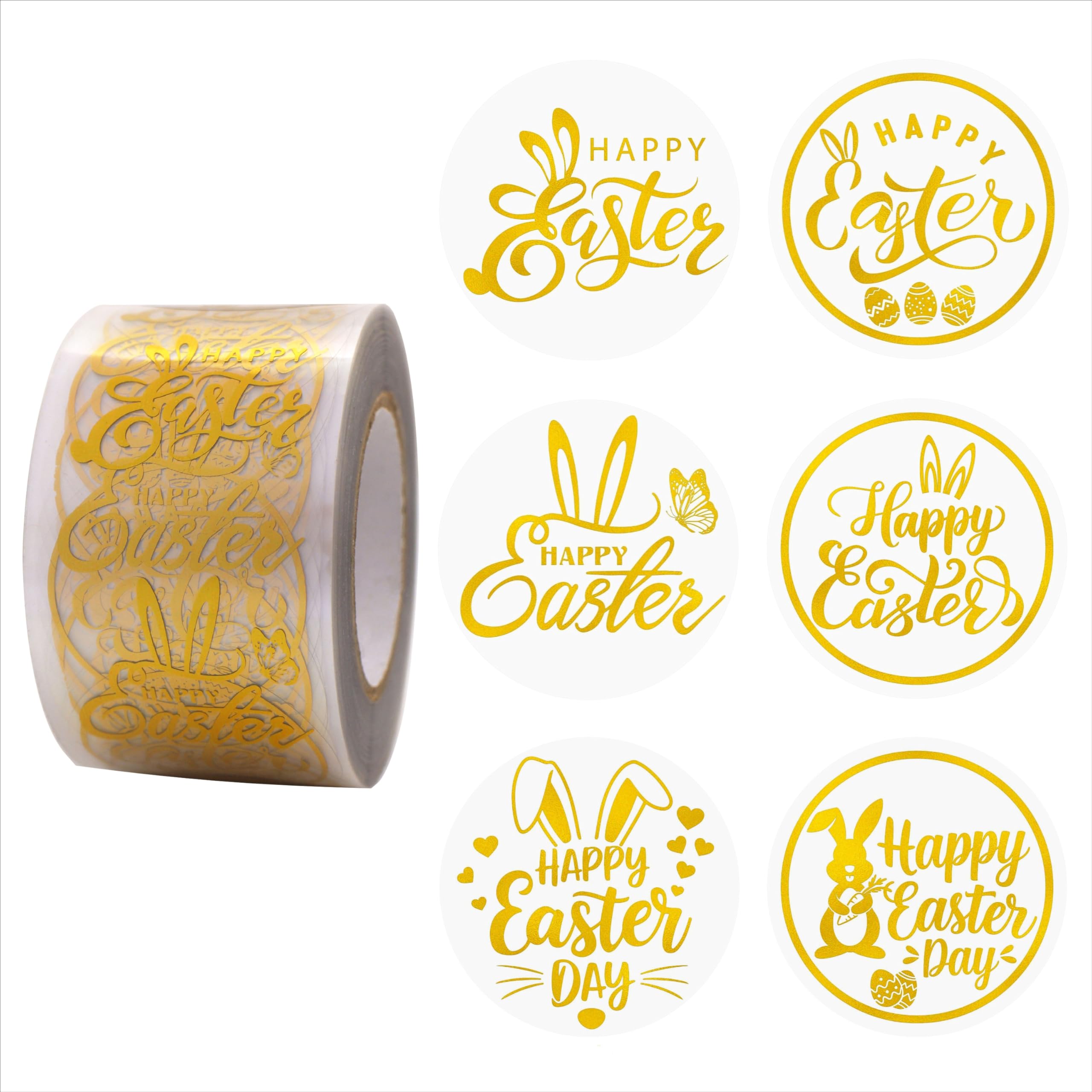 Masper Gold Easter Stickers, 3.8 Cm, 600 Sheets, 6 Waterproof Transparent Foil Shiny Designs, Happy Easter Stickers For Decorations Gifts Cards Crafts Bags Envelopes Wrapping