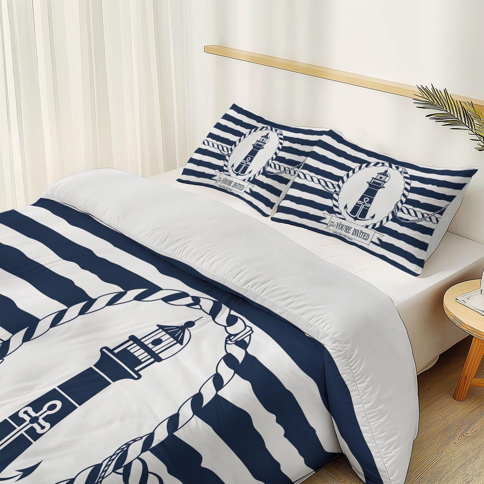 Generico Set copripiumino Nautico Linea Mezzo Marinaio Matrimoniale deluxe in microfibra, 3 pezzi Copripiumini da 180 × 220 cm e 2 federe da 50 x 80 cm, Bianco