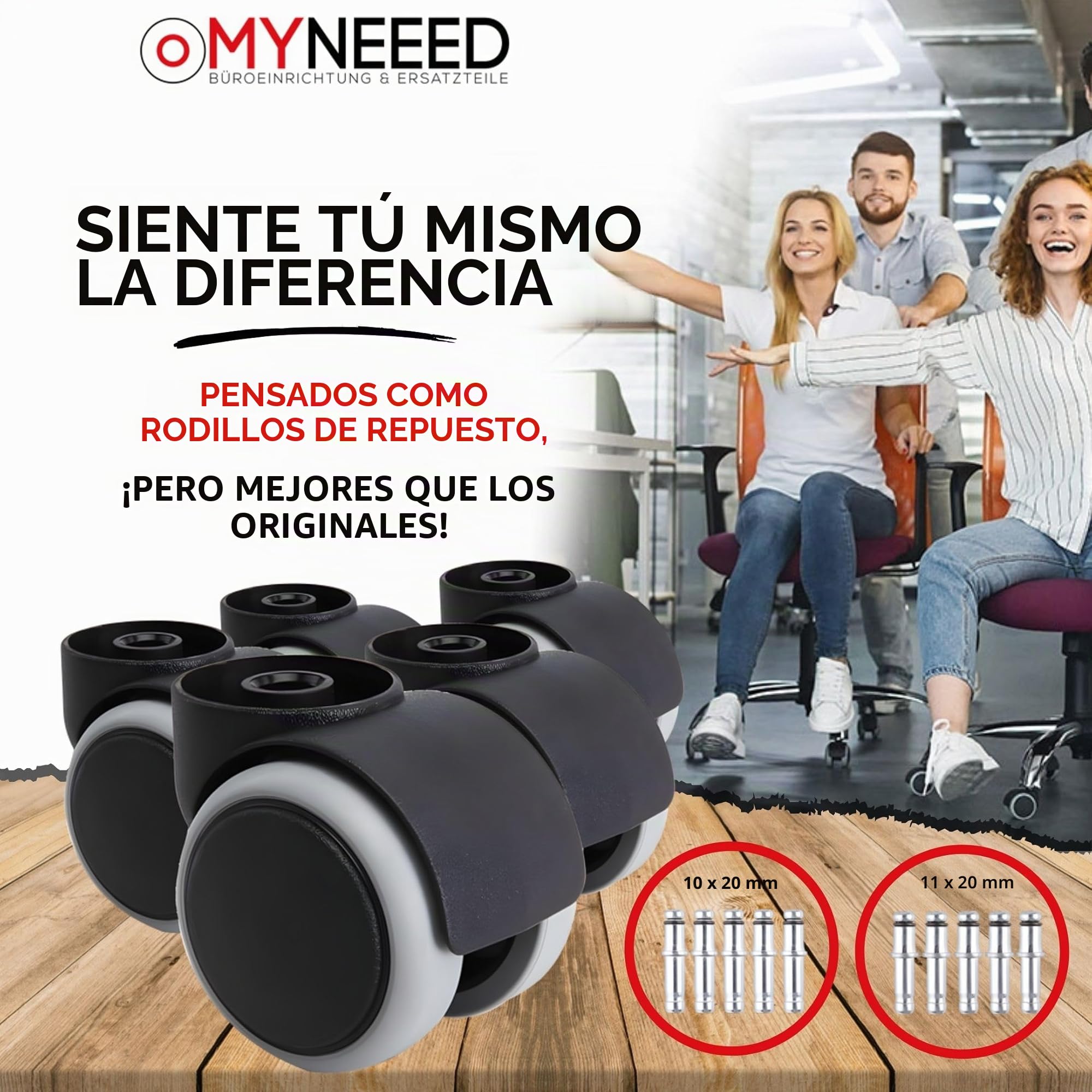 Ruedas Para Suelo Duro de 10mm y 11mm para Silla de Oficina - Silla de seguridad con ruedas sin pasador para laminado, parquet