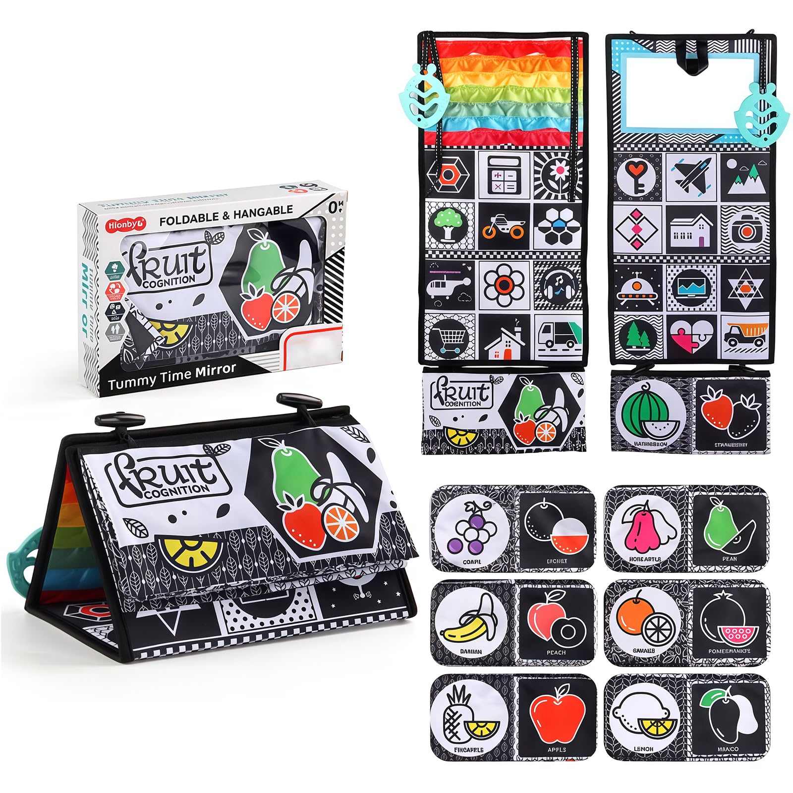 Sukizifa Foldable Cloth Book with Mirror, Black White Fruit Pattern High Contrast Sensory Book, Portable Visual Stimulation Fabric Book for Family Daily Use