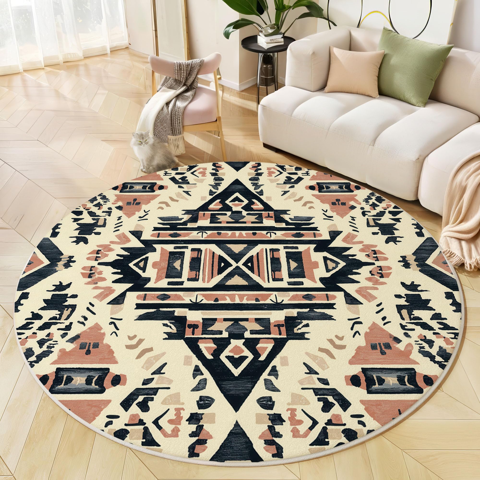 Tapis rond groupes ethniques tribus pour salon finitions soignées style bohème chic