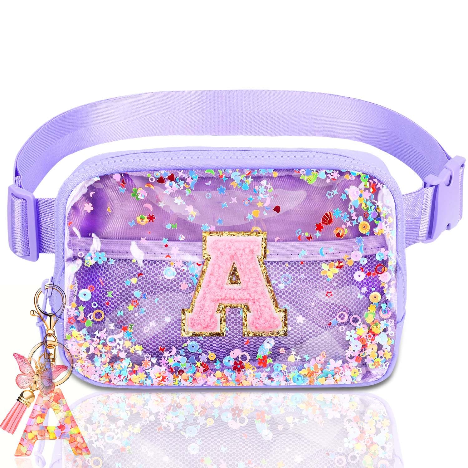 Initial Fanny Pack for Girls - Belt Bag for Teens Kid Teen Girl Kid Birthday Gift Clear Purple A