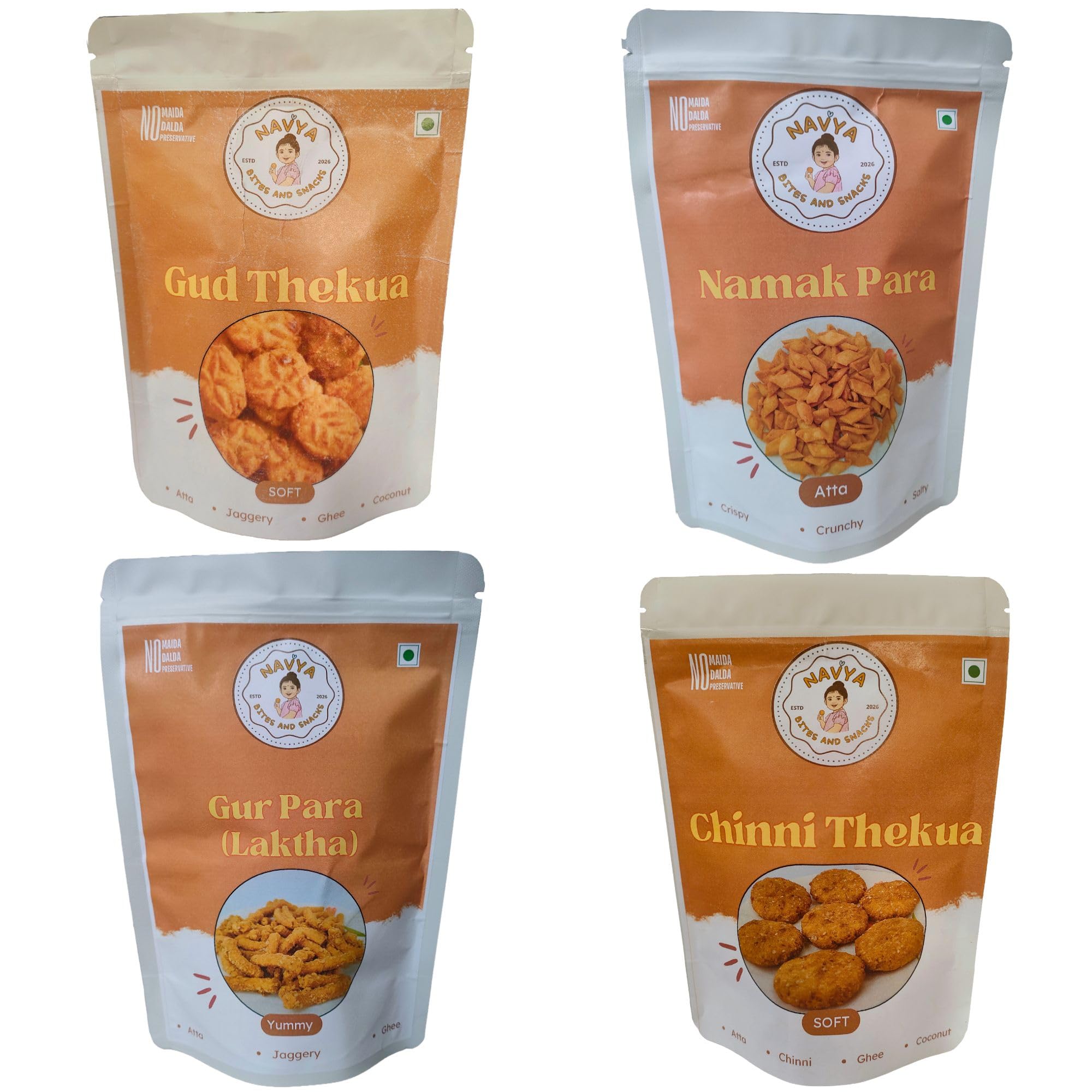 The Sweet & Salty Quartet Indian Snack Variety Pack, Gur Thekua, Laktha (Gur Para), Namak Para, Chinni Thekua, Traditional Assorted Savory and Sweet Snacks | Pack of 4 (100 g Each)-image-7