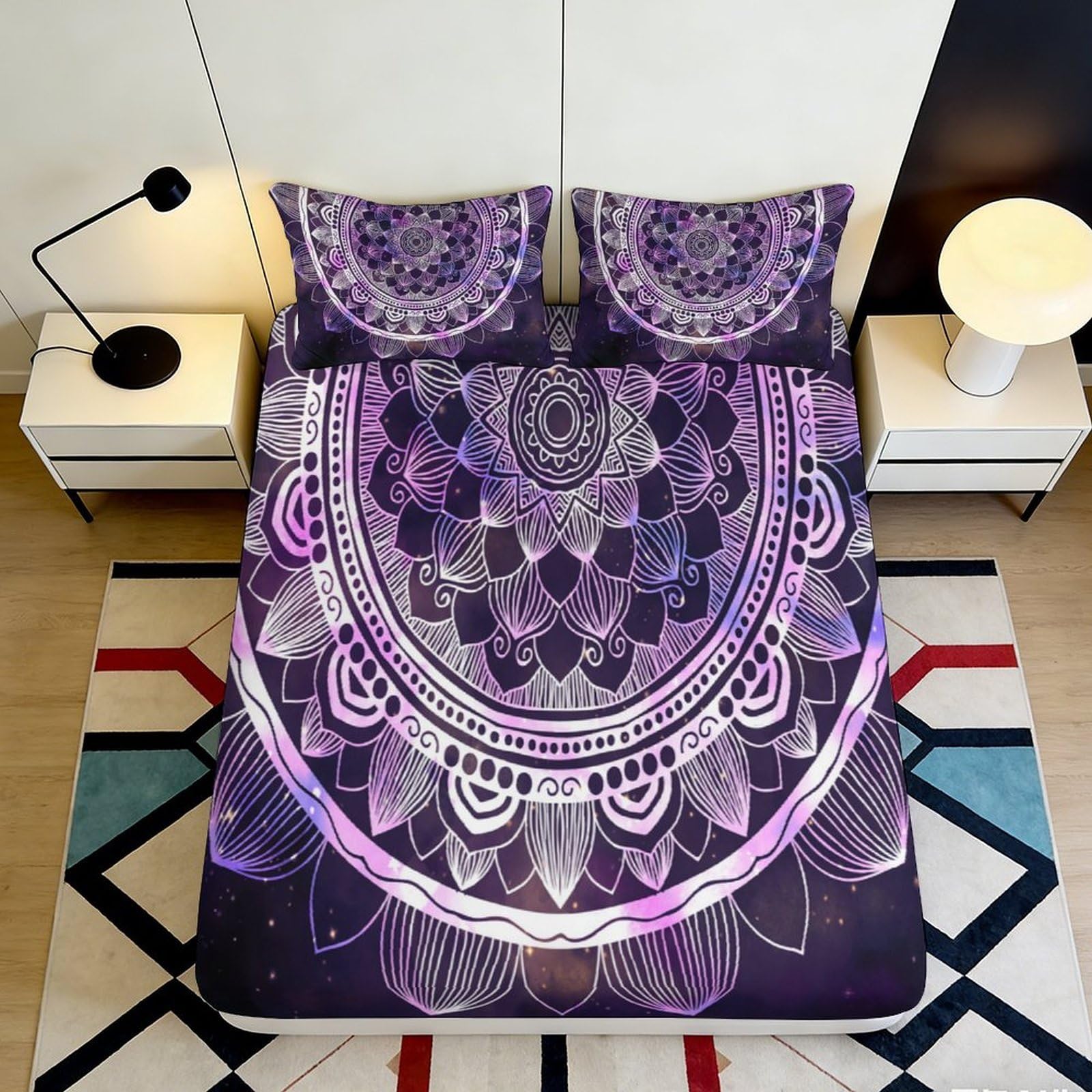 3D Printed Mandala Fitted Sheet Microfiber Deep Pocket Non-Slip Mandala Mattress Fitted Cover Full Wrap Washable for Bedroom 140x200x25cm