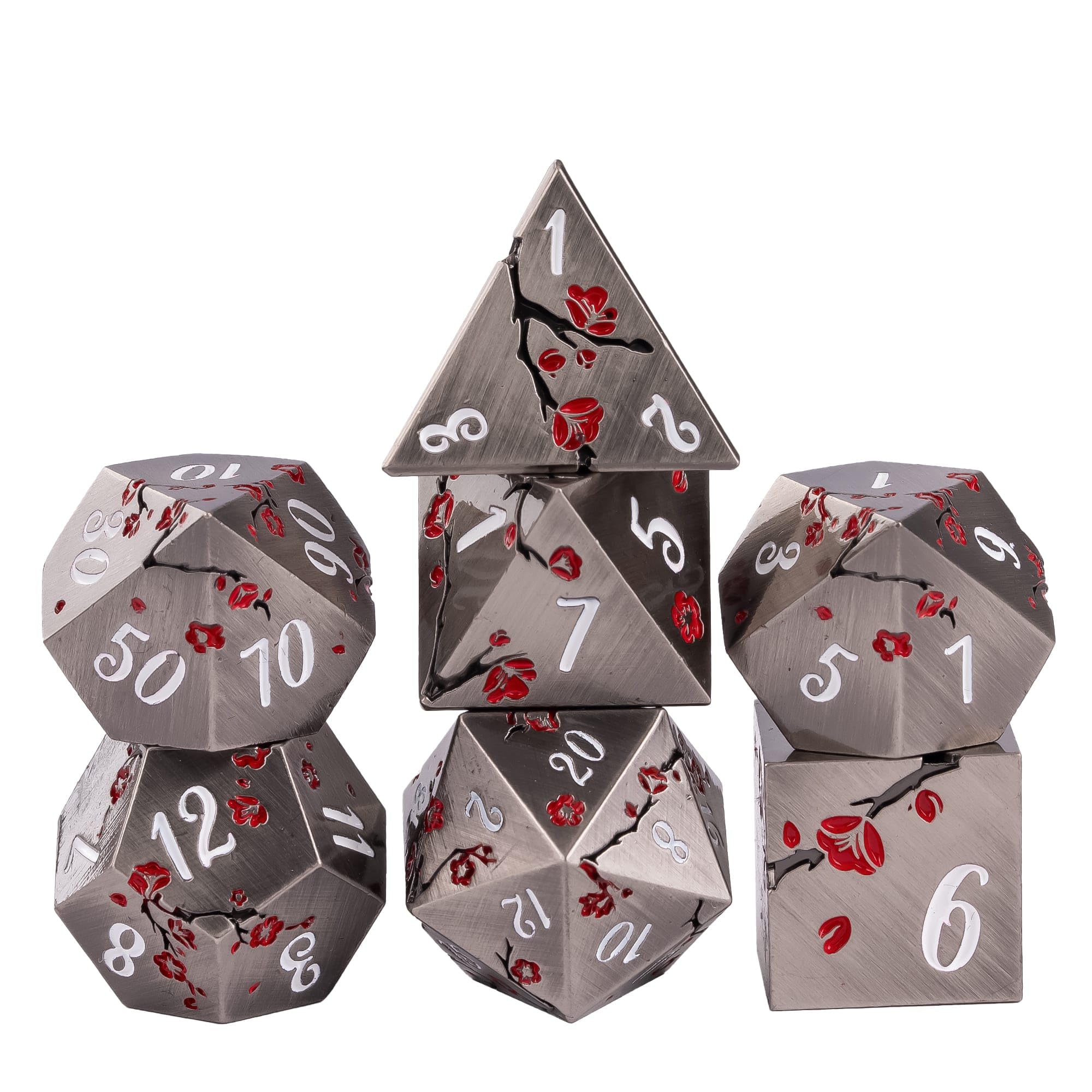 Cusdie 7-Piece Plum Blossom Design Metal DND Dice Set, D&D Metal Dice, Heavy Zinc Alloy Polyhedral Dice Set for Dungeons and Dragons Role Playing Game(Nickel w/White Numbers)