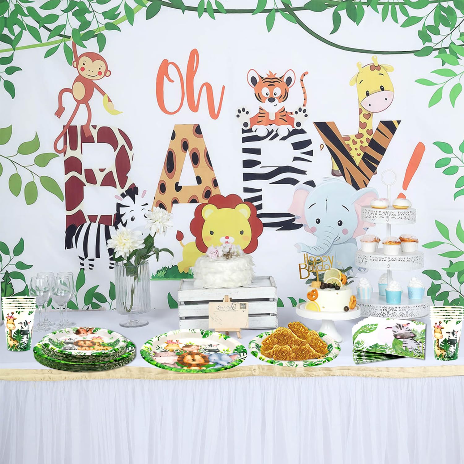 Safari Jungle Birthday Tableware Set - Decorazioni per il primo compleanno degli animali selvatici - 40 piatti piani, 40 bicchieri, 40 tovaglioli