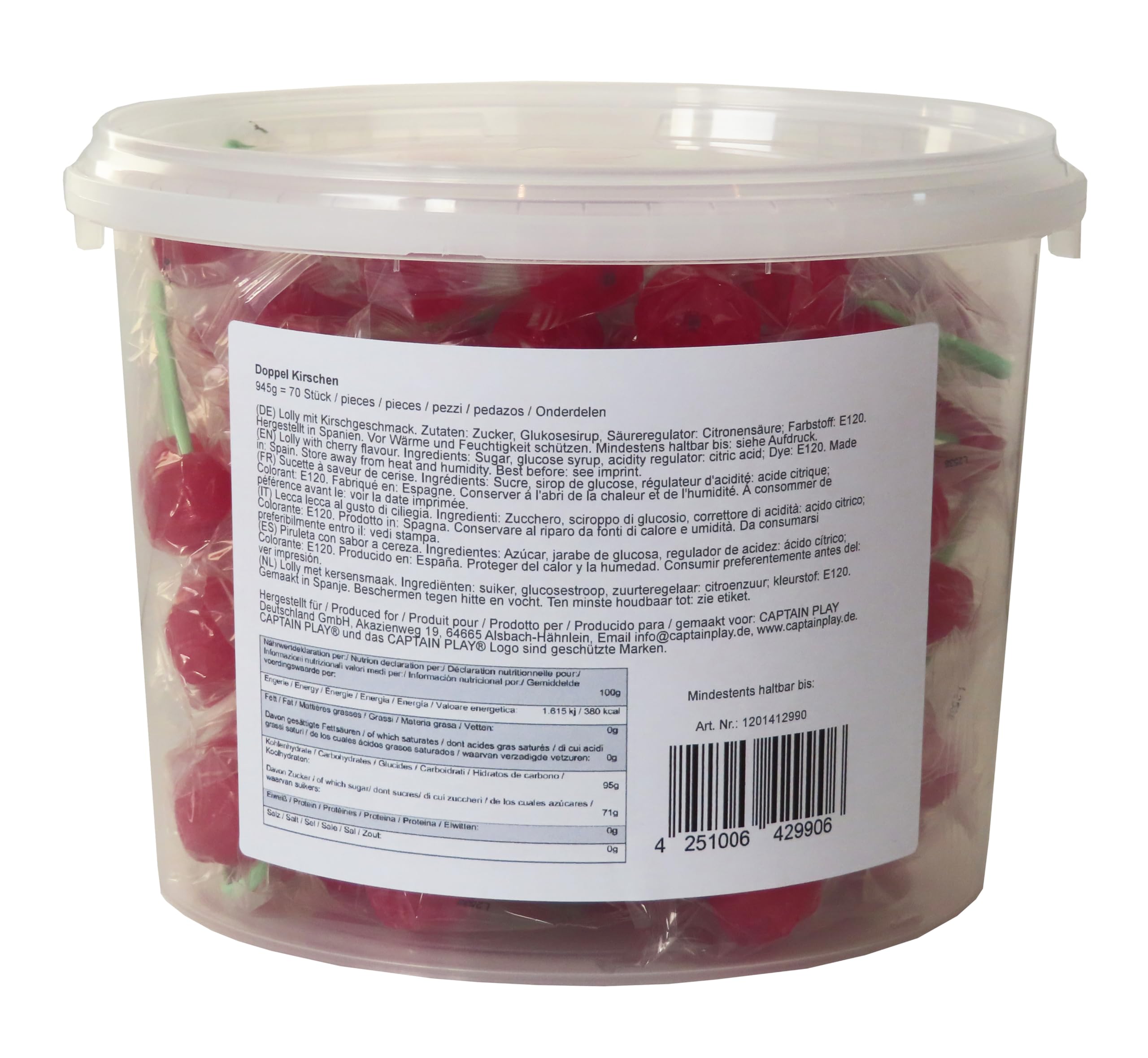 CAPTAIN PLAY - Bonbonnière avec 70 Sucettes Doubles - Sucettes avec deux Têtes - Aromatisés à la Cerise - dans Embollage individual - Boîte de 945g