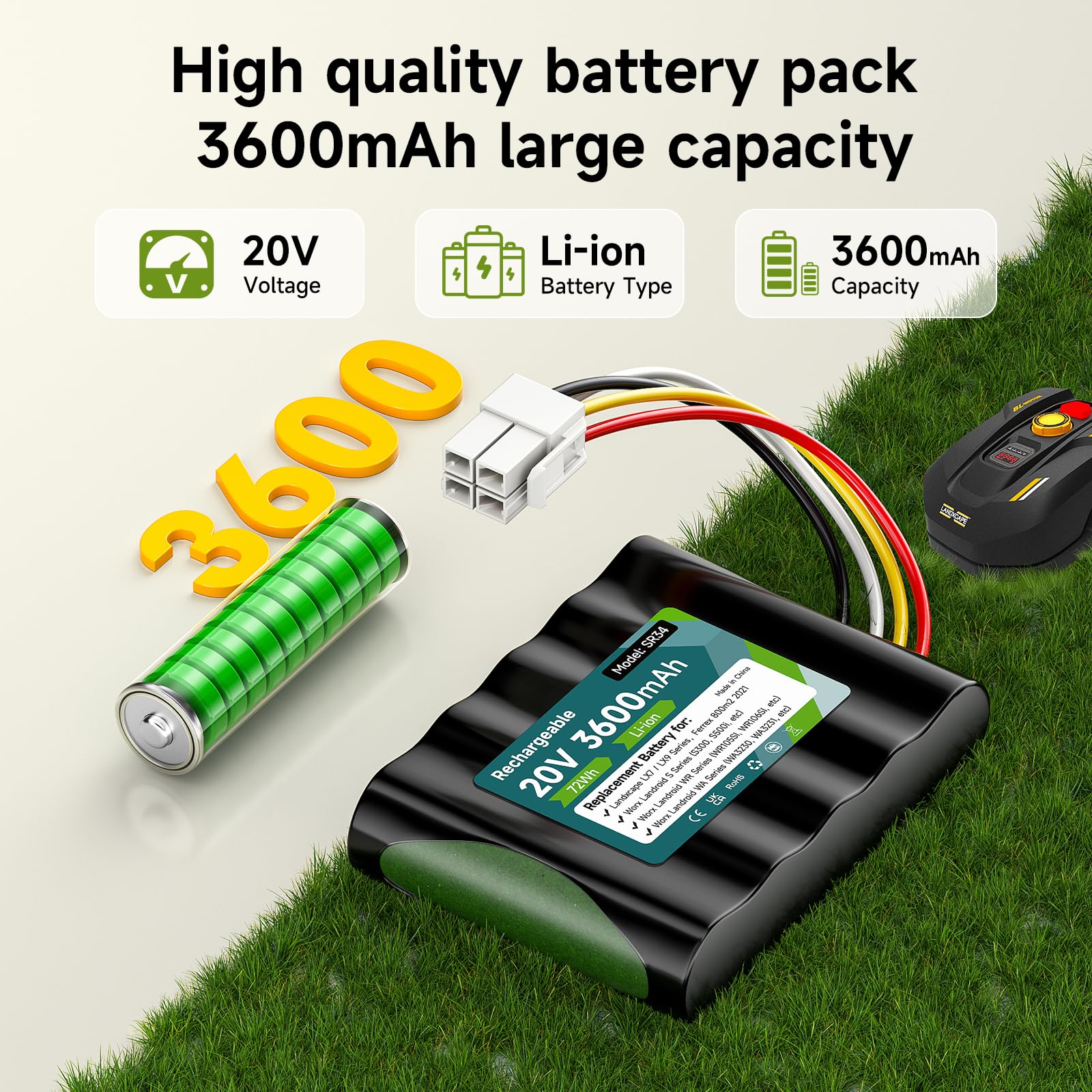 20V 3500Mah batteria per Worx Landroid S Basic, S450i, S500, WA3230, WR101SI, WR102SI, WR105SI WR105si.1, WR106 SI WR106SI, WR115mi, Landxcape LX7 / LX9 Series, 50032492, Ferrex 800m2 2021