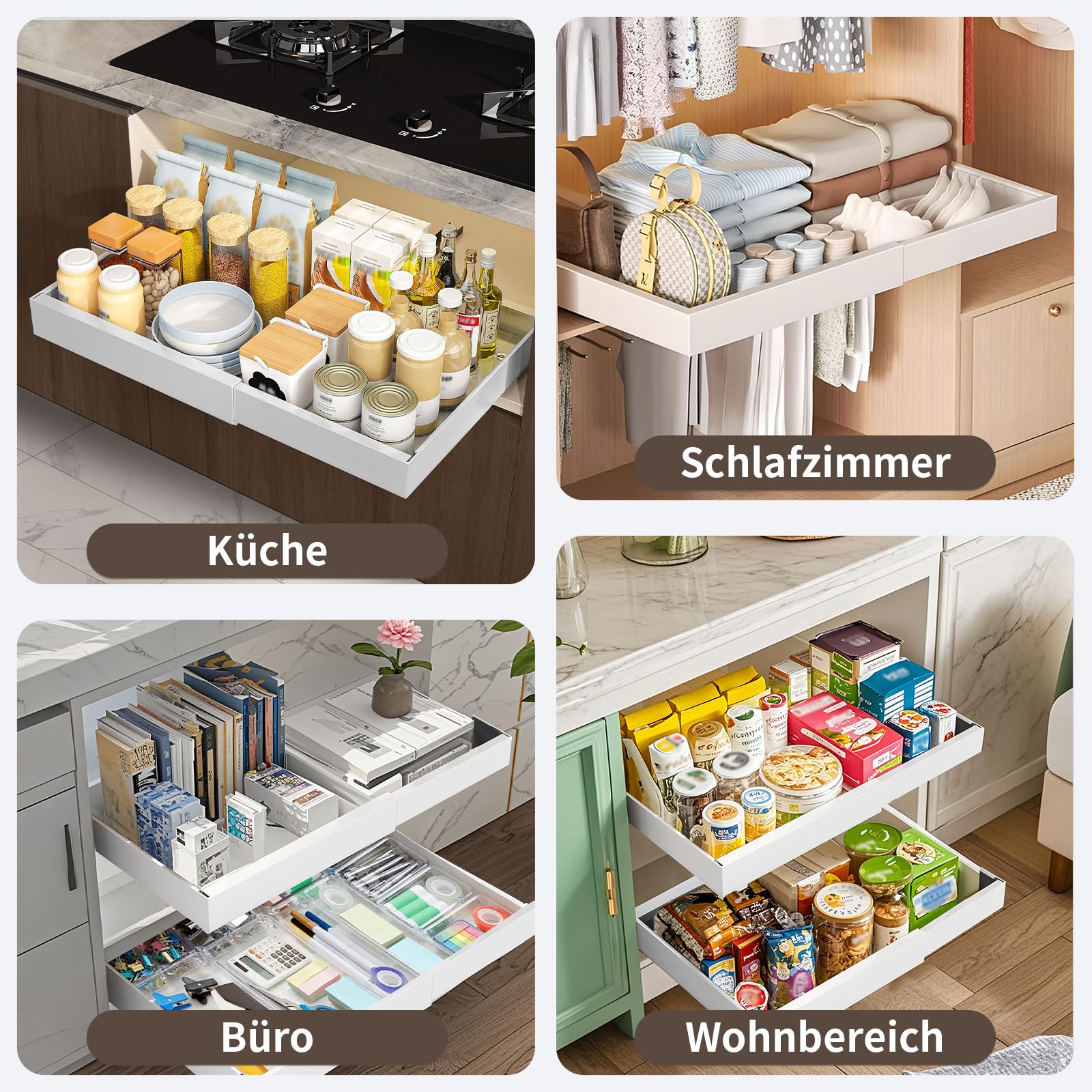 OUUTMEE Confezione da 1 organizer adesivo espandibile per armadietti, 3 guide scorrevoli per mobili da cucina, senza trapano, mensola scorrevole per casa, cucina, dispensa, larghezza regolabile 32-52